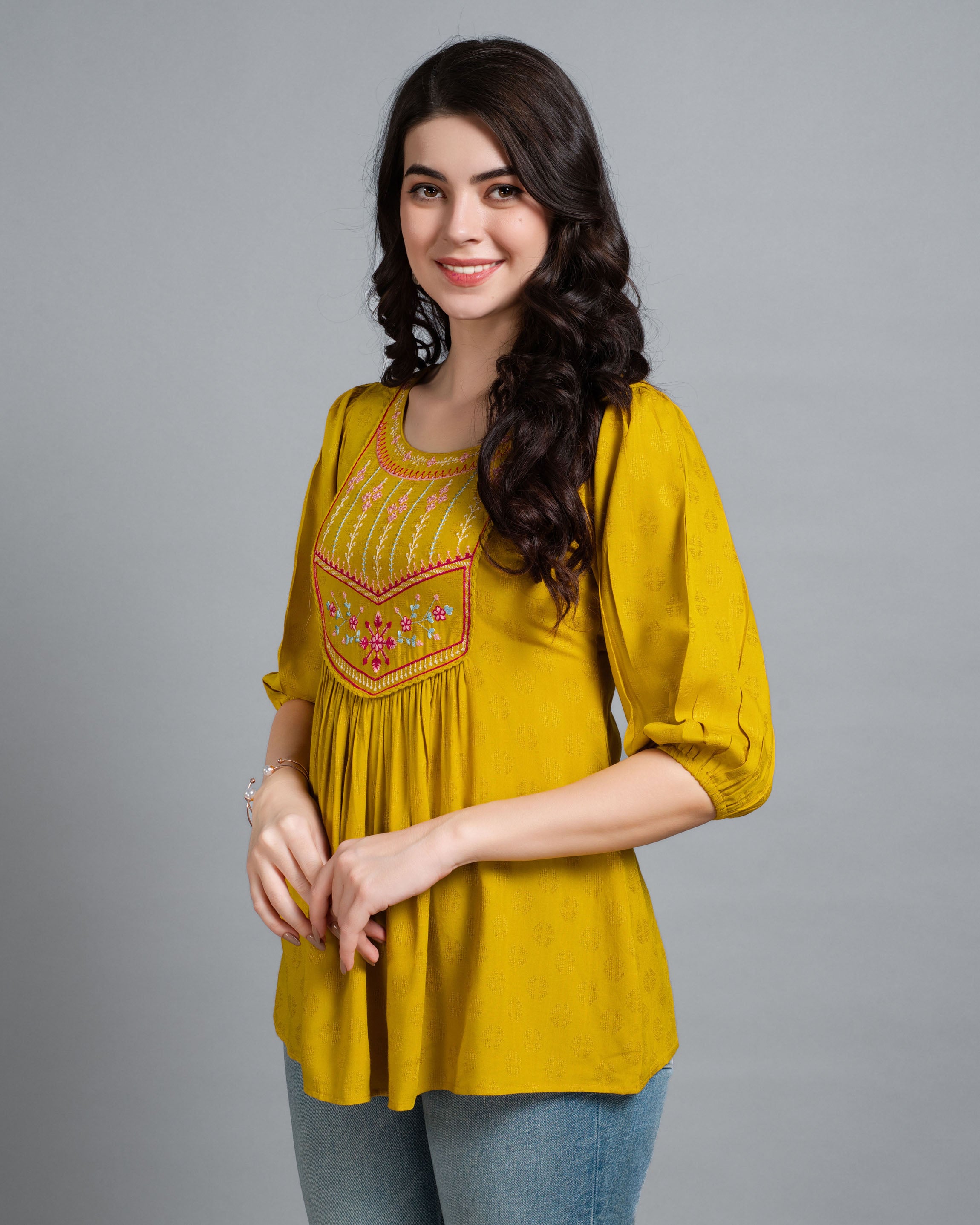 Her Couture Women's Mustard Pure Viscose Rayon Floral Embroidered A-line Top