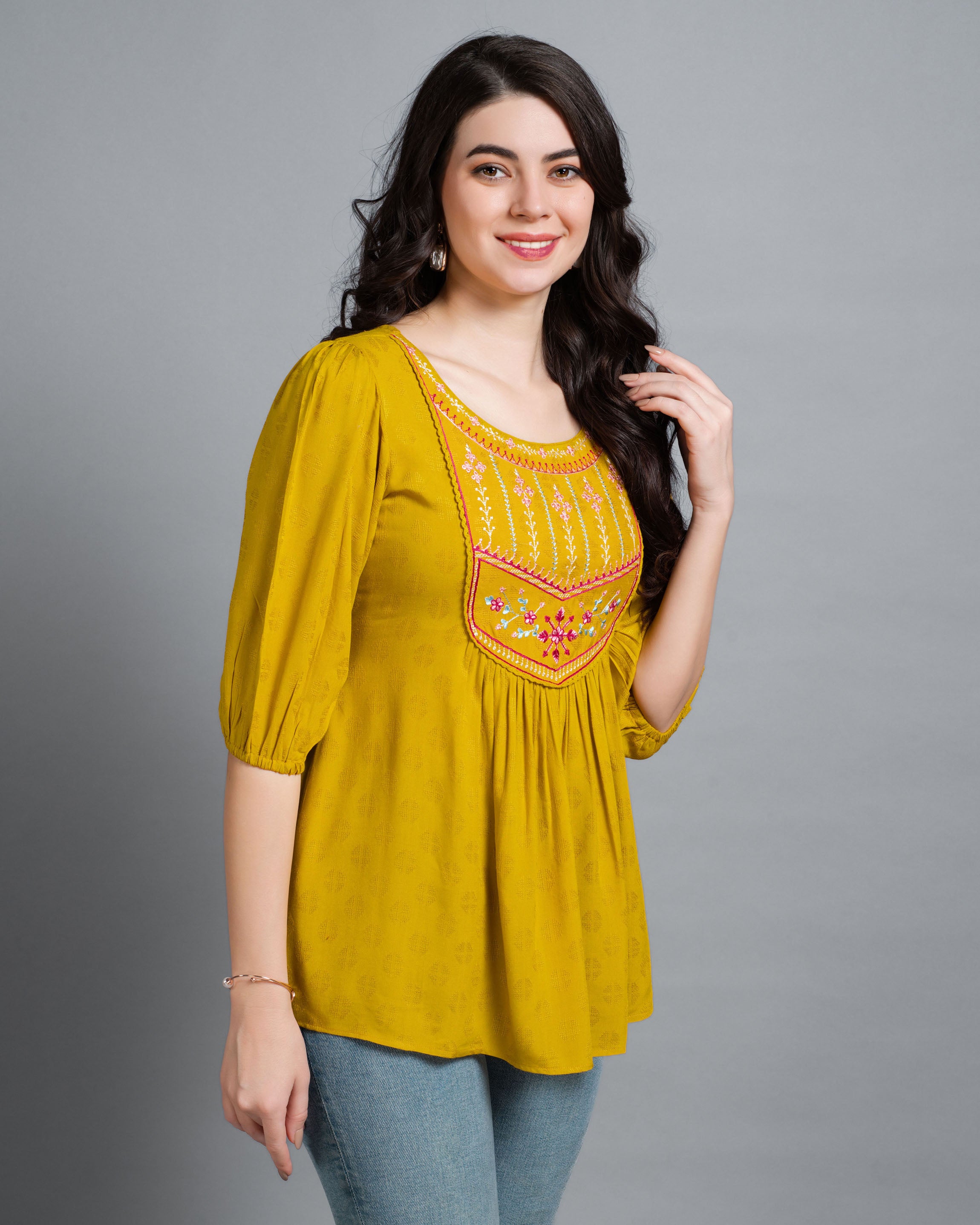 Her Couture Women's Mustard Pure Viscose Rayon Floral Embroidered A-line Top