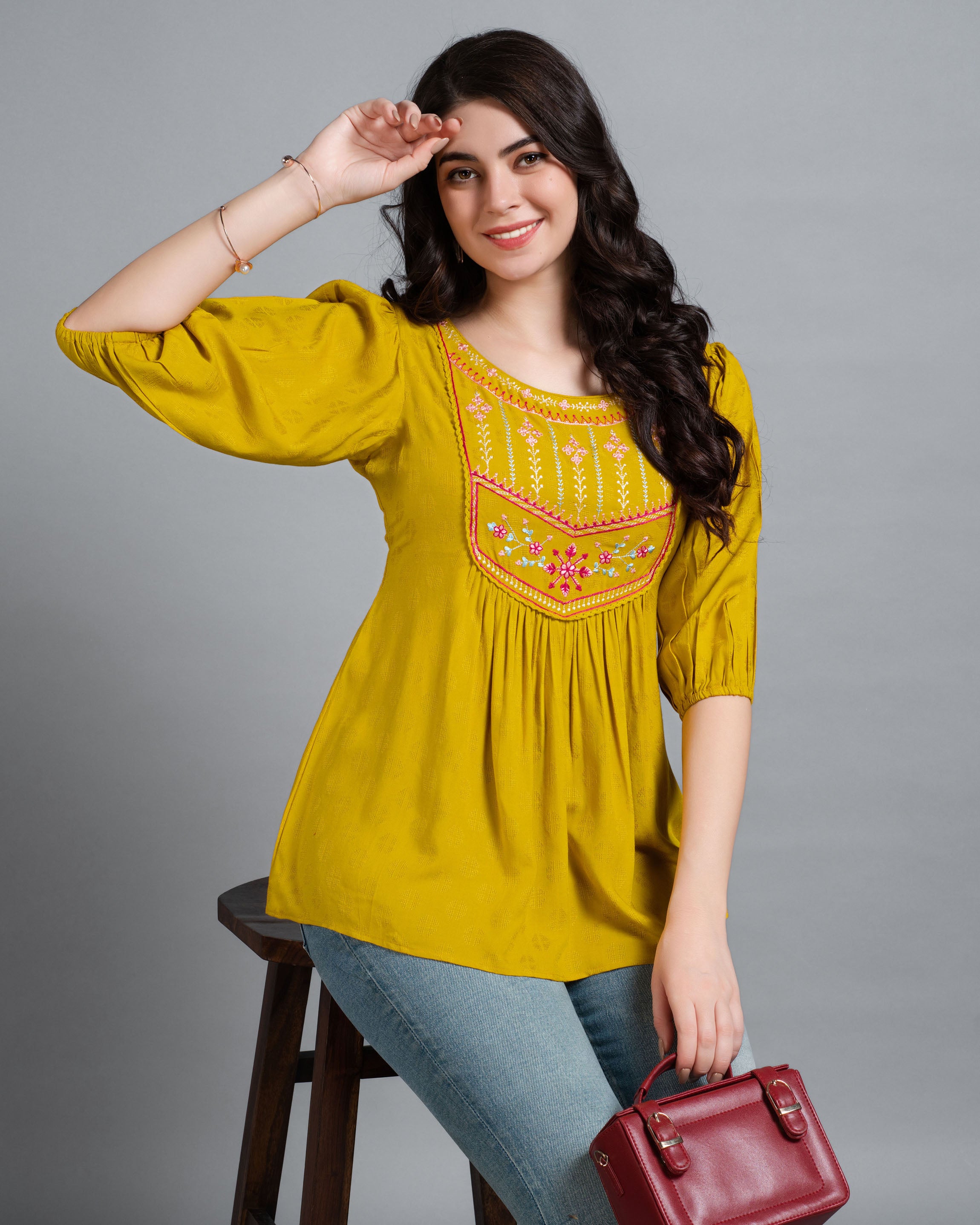 Her Couture Women's Mustard Pure Viscose Rayon Floral Embroidered A-line Top
