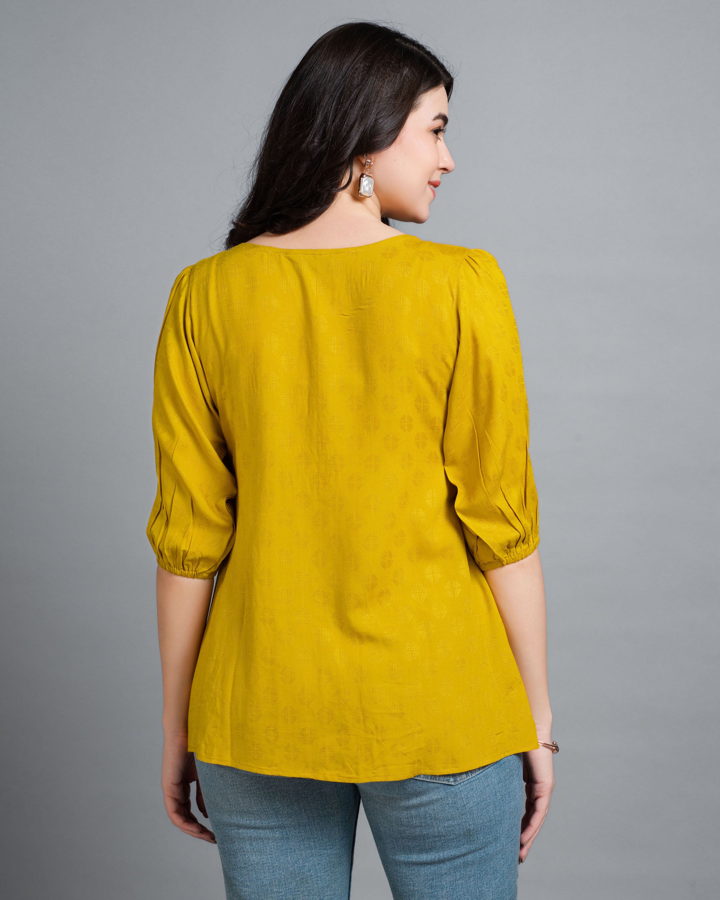 Her Couture Women's Mustard Pure Viscose Rayon Floral Embroidered A-line Top