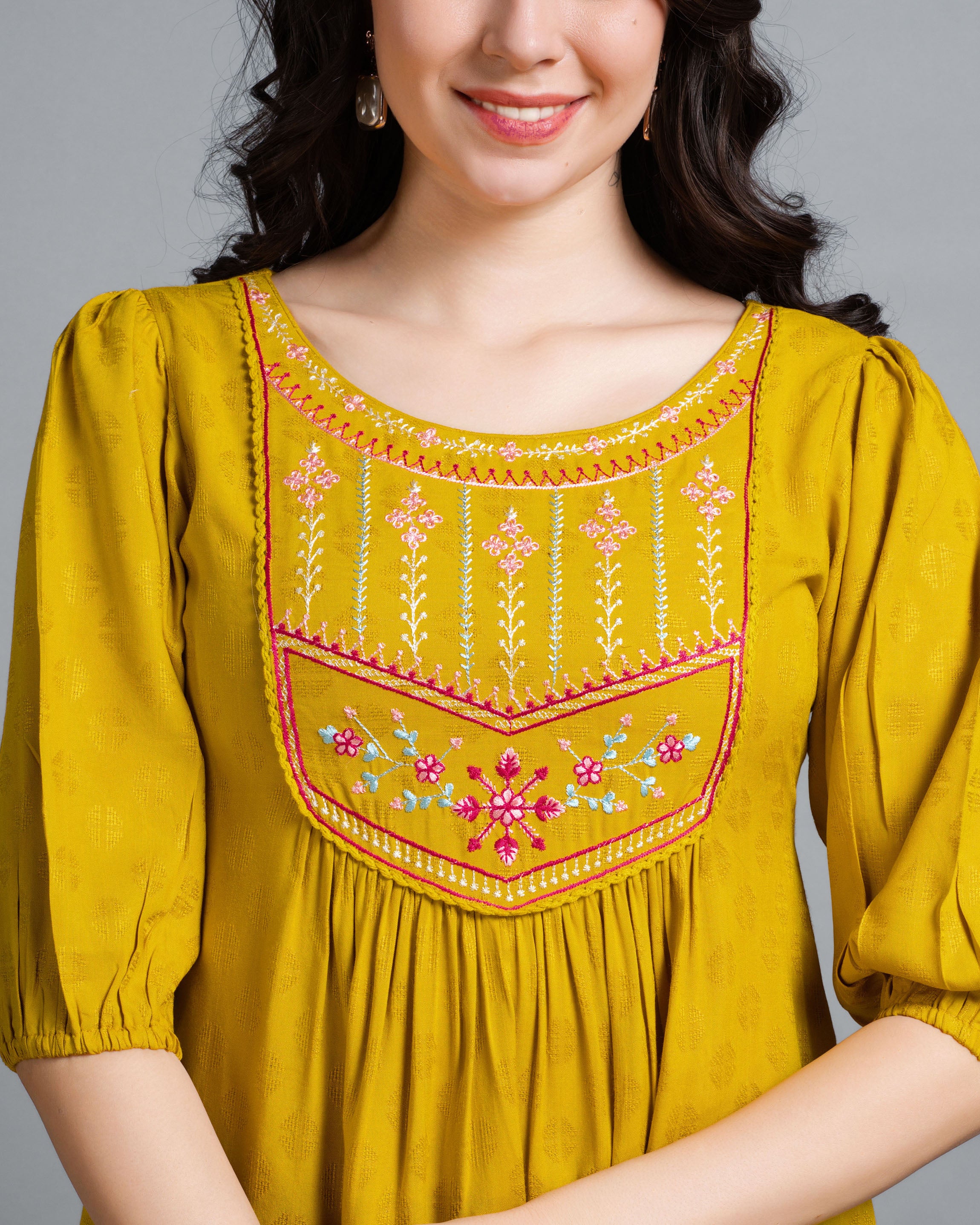 Her Couture Women's Mustard Pure Viscose Rayon Floral Embroidered A-line Top