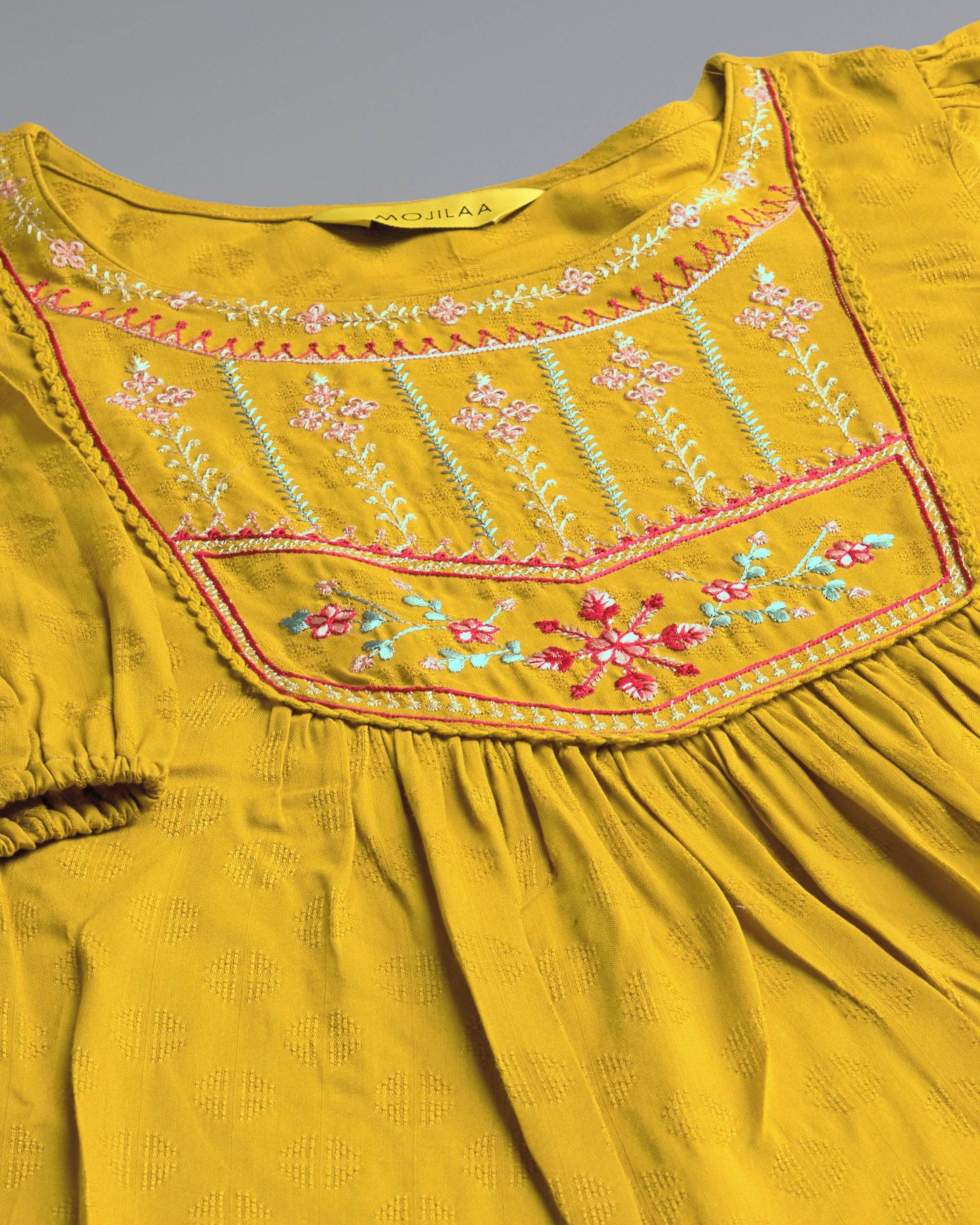 Her Couture Women's Mustard Pure Viscose Rayon Floral Embroidered A-line Top