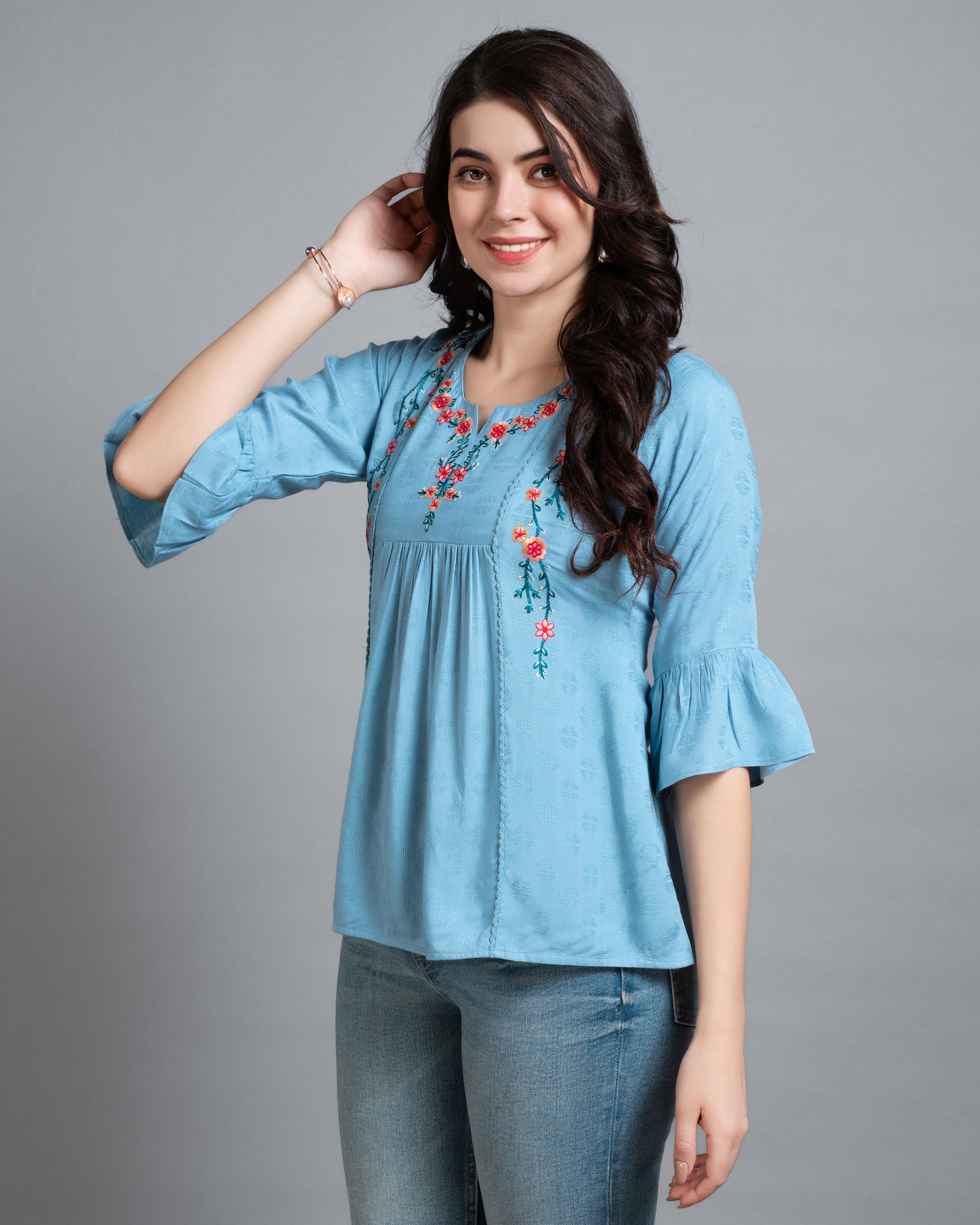 Her Couture Women's Turquoise Pure Viscose Rayon Floral Embroidered A-line Top
