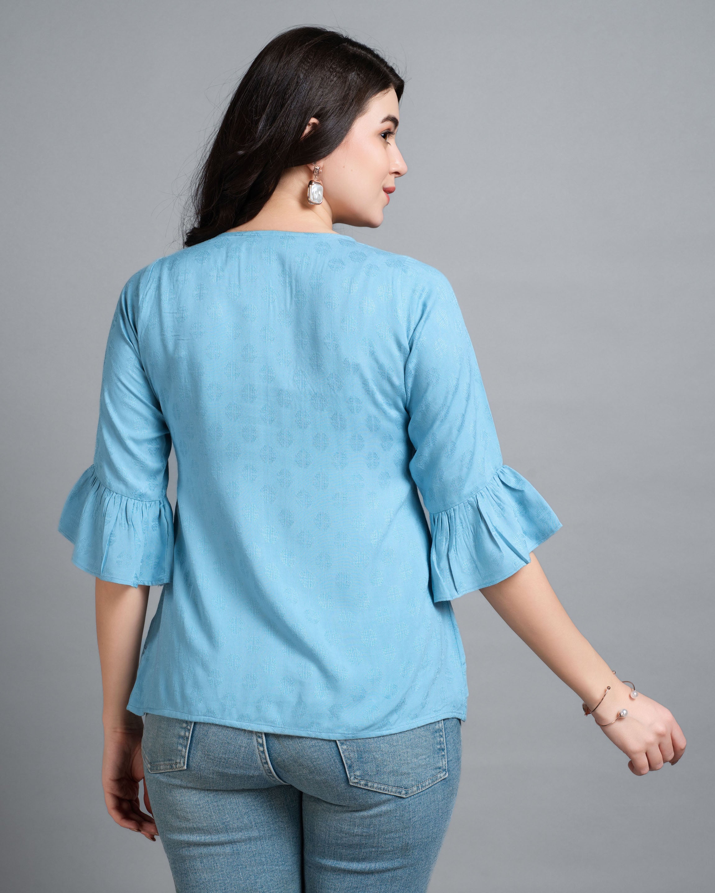 Her Couture Women's Turquoise Pure Viscose Rayon Floral Embroidered A-line Top