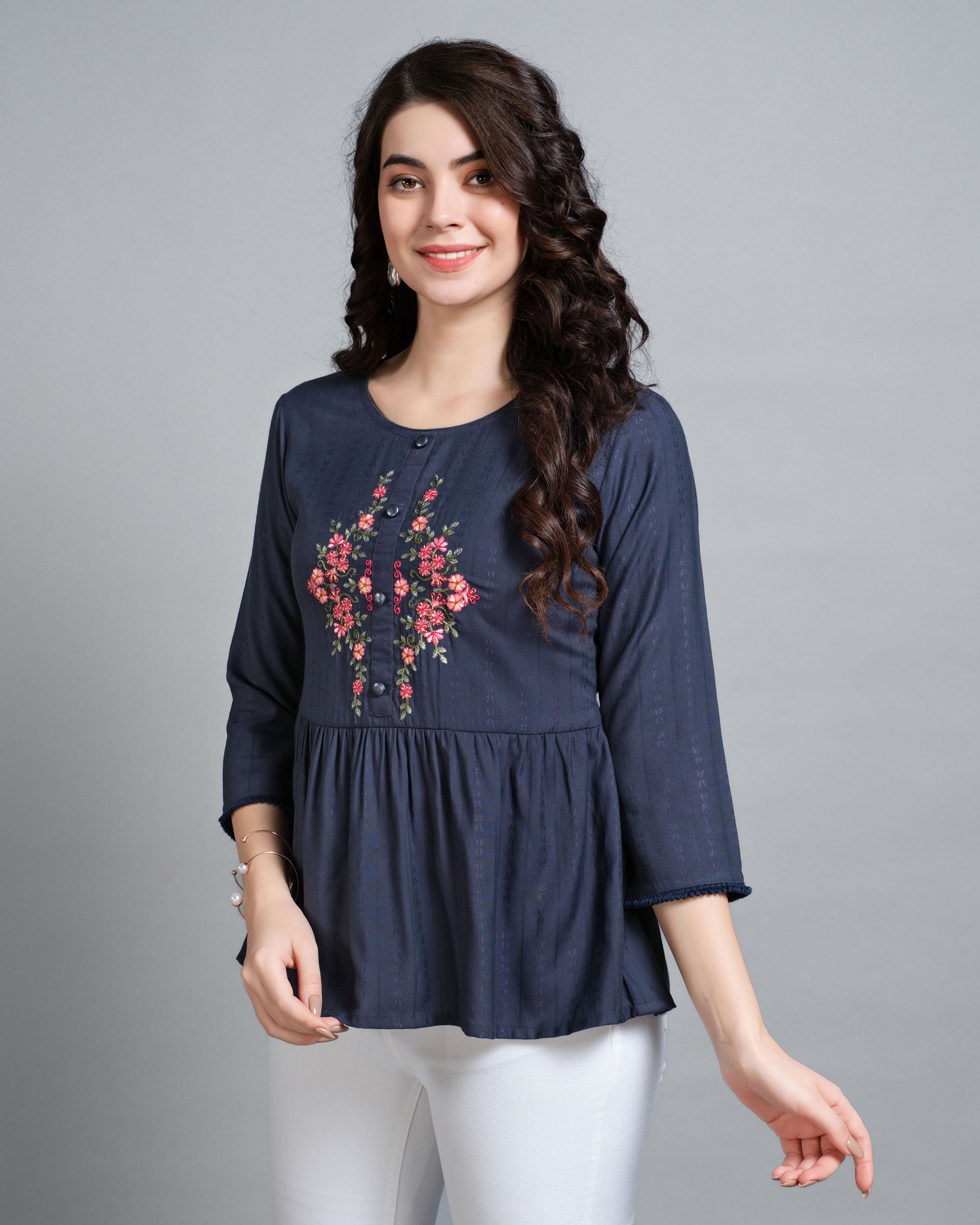 Her Couture Women's Navy Blue Pure Viscose Rayon Floral Embroidered Peplum Top