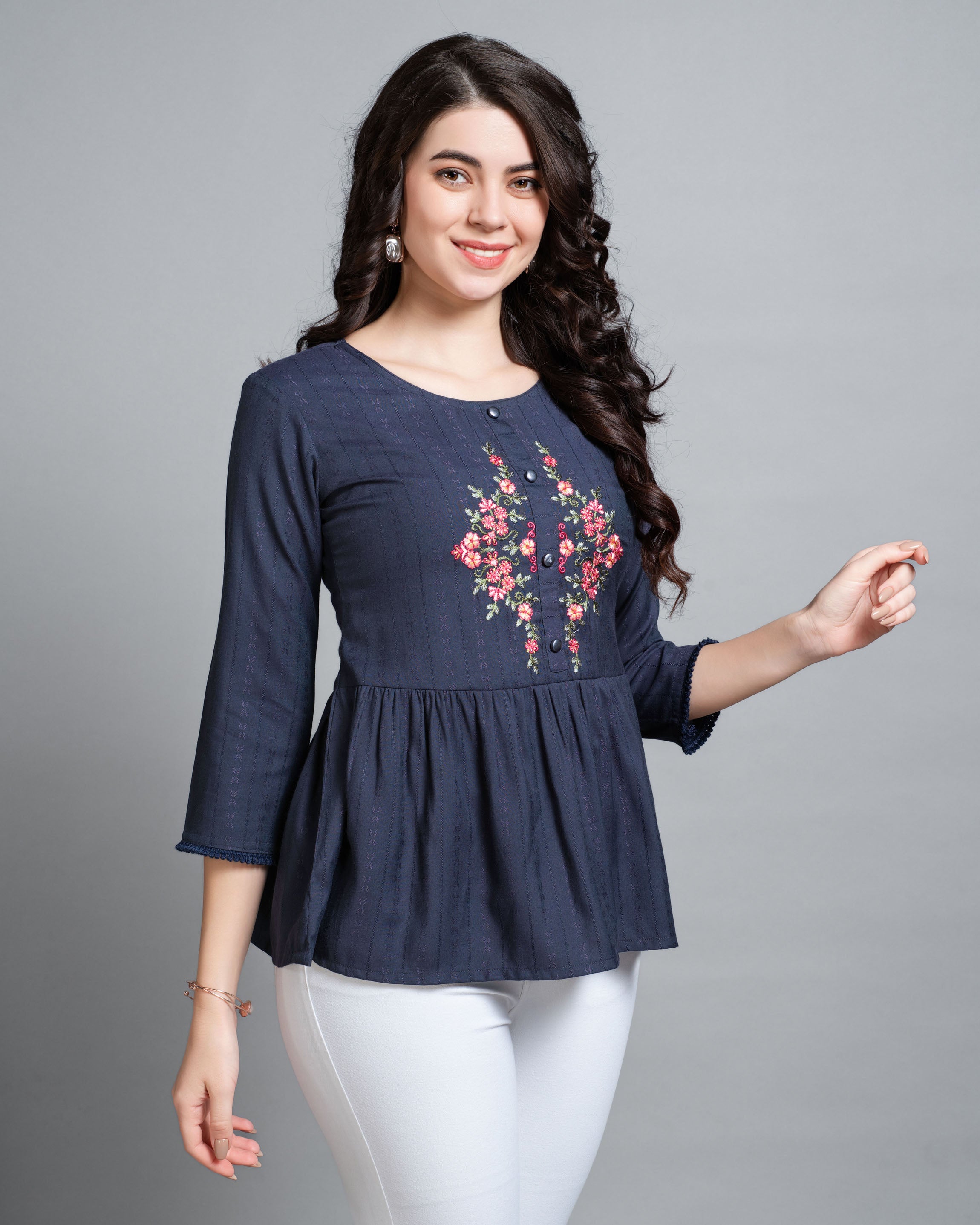 Her Couture Women's Navy Blue Pure Viscose Rayon Floral Embroidered Peplum Top