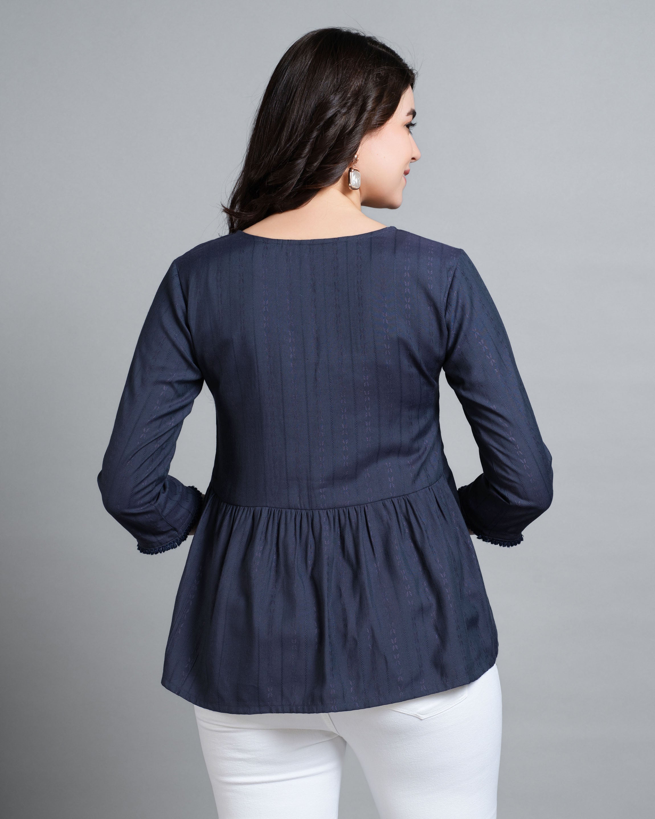 Her Couture Women's Navy Blue Pure Viscose Rayon Floral Embroidered Peplum Top