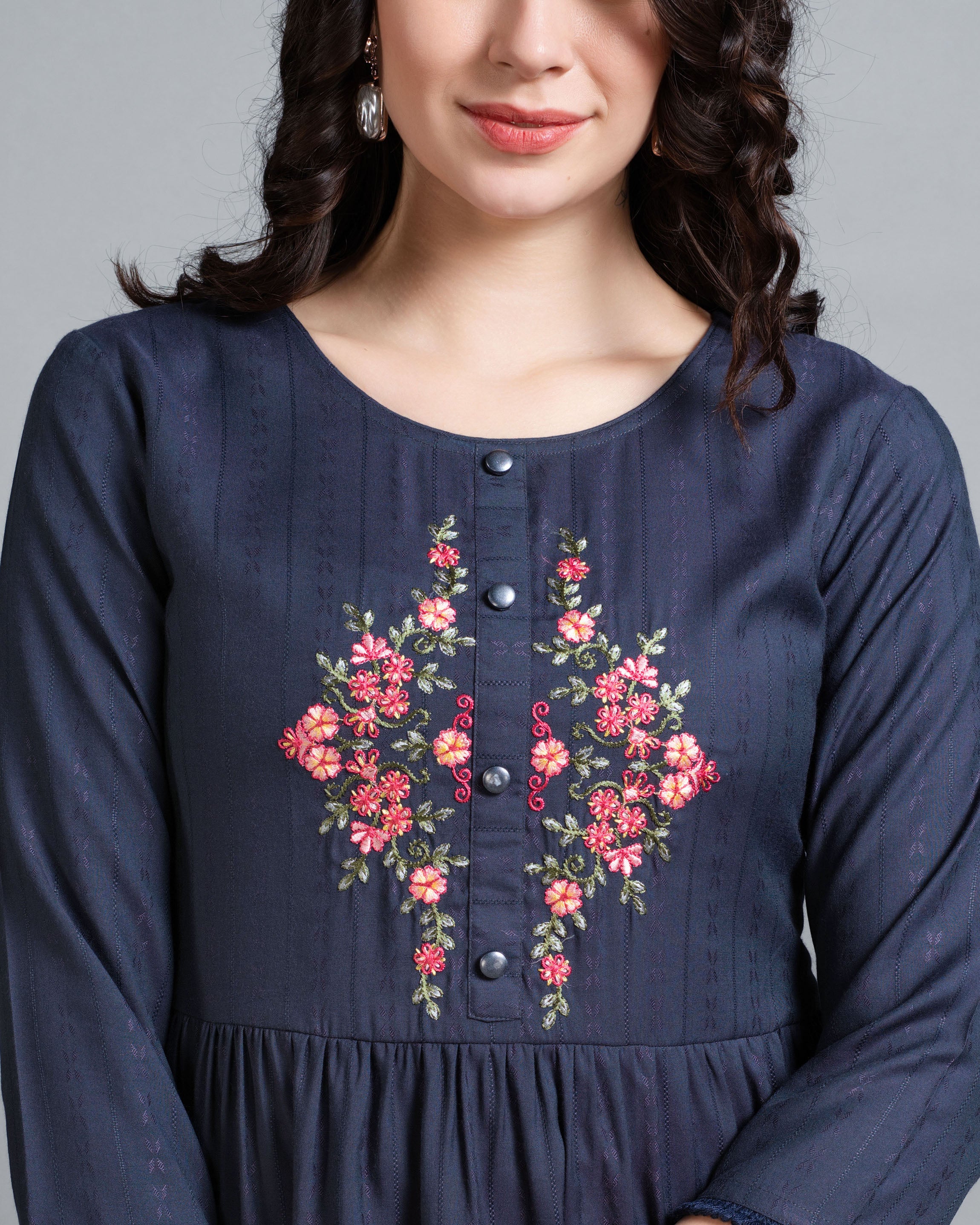 Her Couture Women's Navy Blue Pure Viscose Rayon Floral Embroidered Peplum Top
