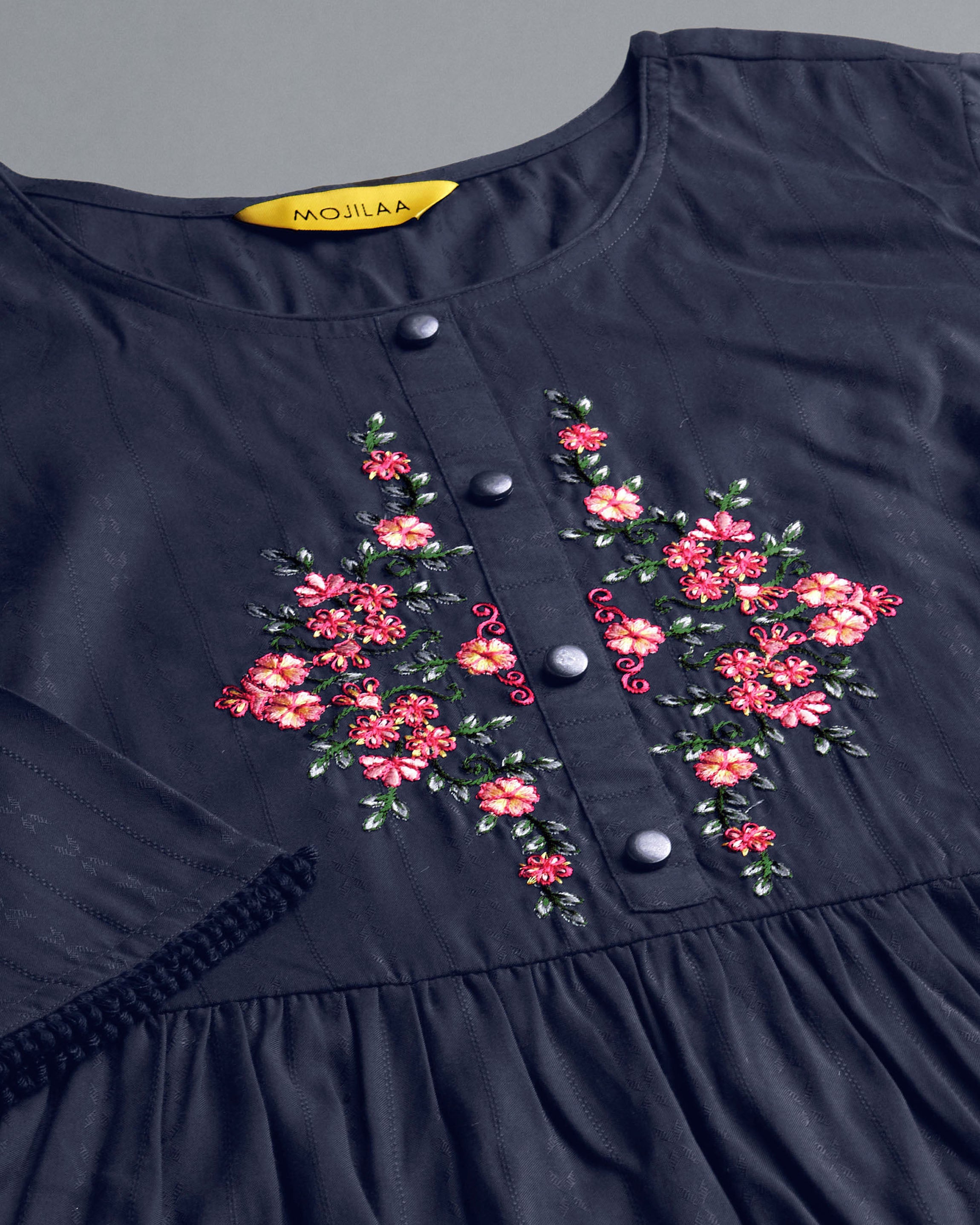 Her Couture Women's Navy Blue Pure Viscose Rayon Floral Embroidered Peplum Top