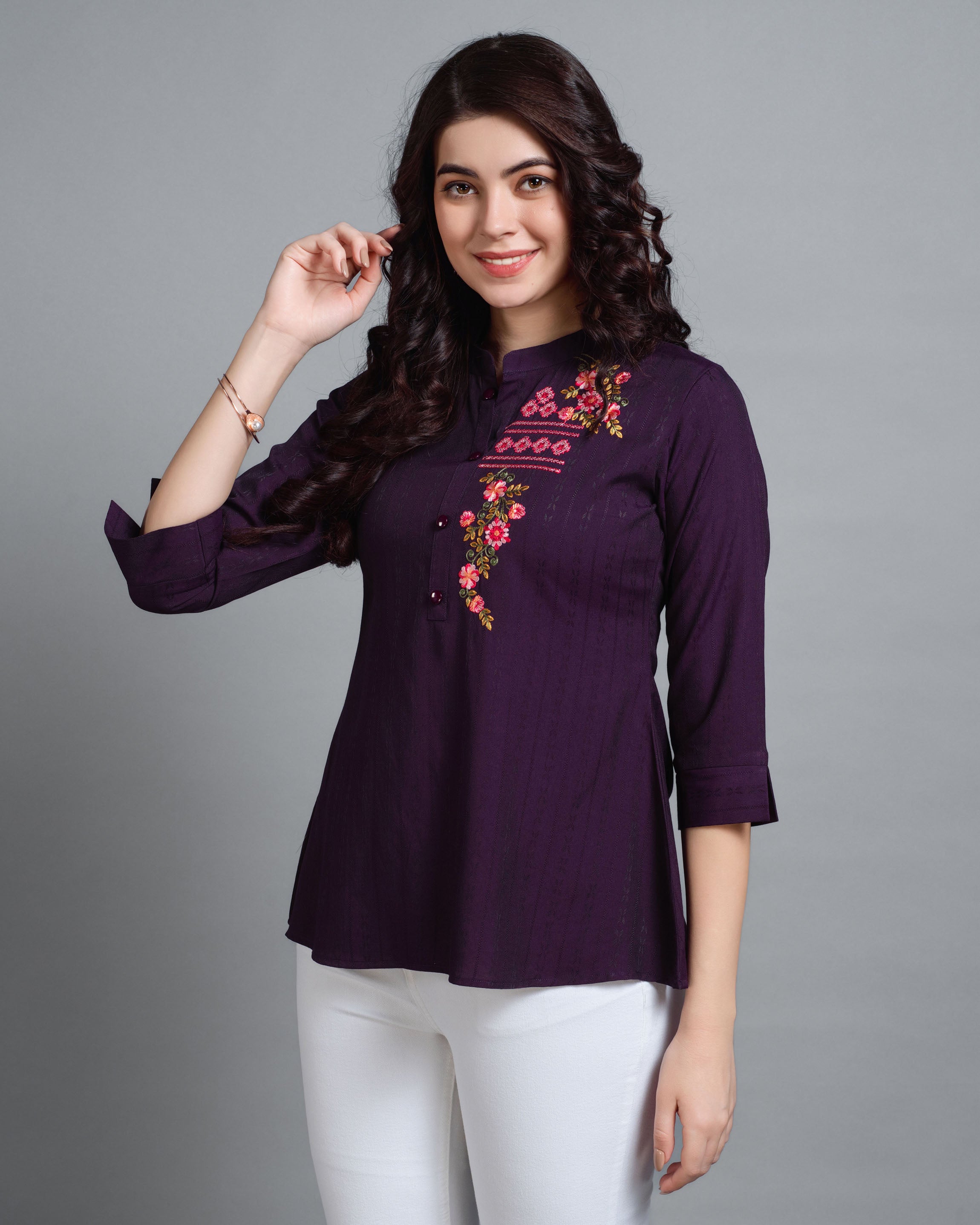 Her Couture Women's Wine Pure Viscose Rayon Floral Embroidered A-line Top