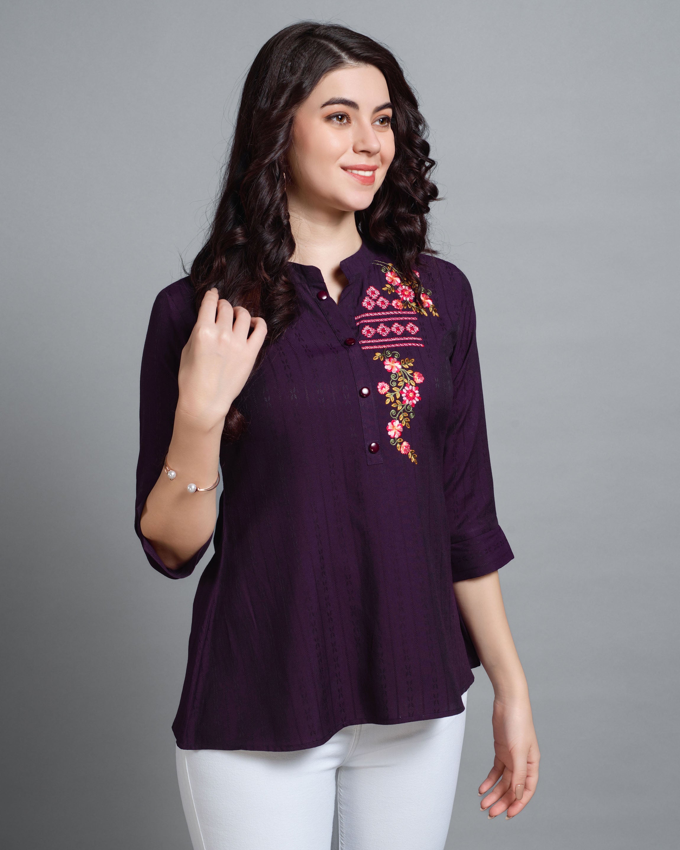 Her Couture Women's Wine Pure Viscose Rayon Floral Embroidered A-line Top