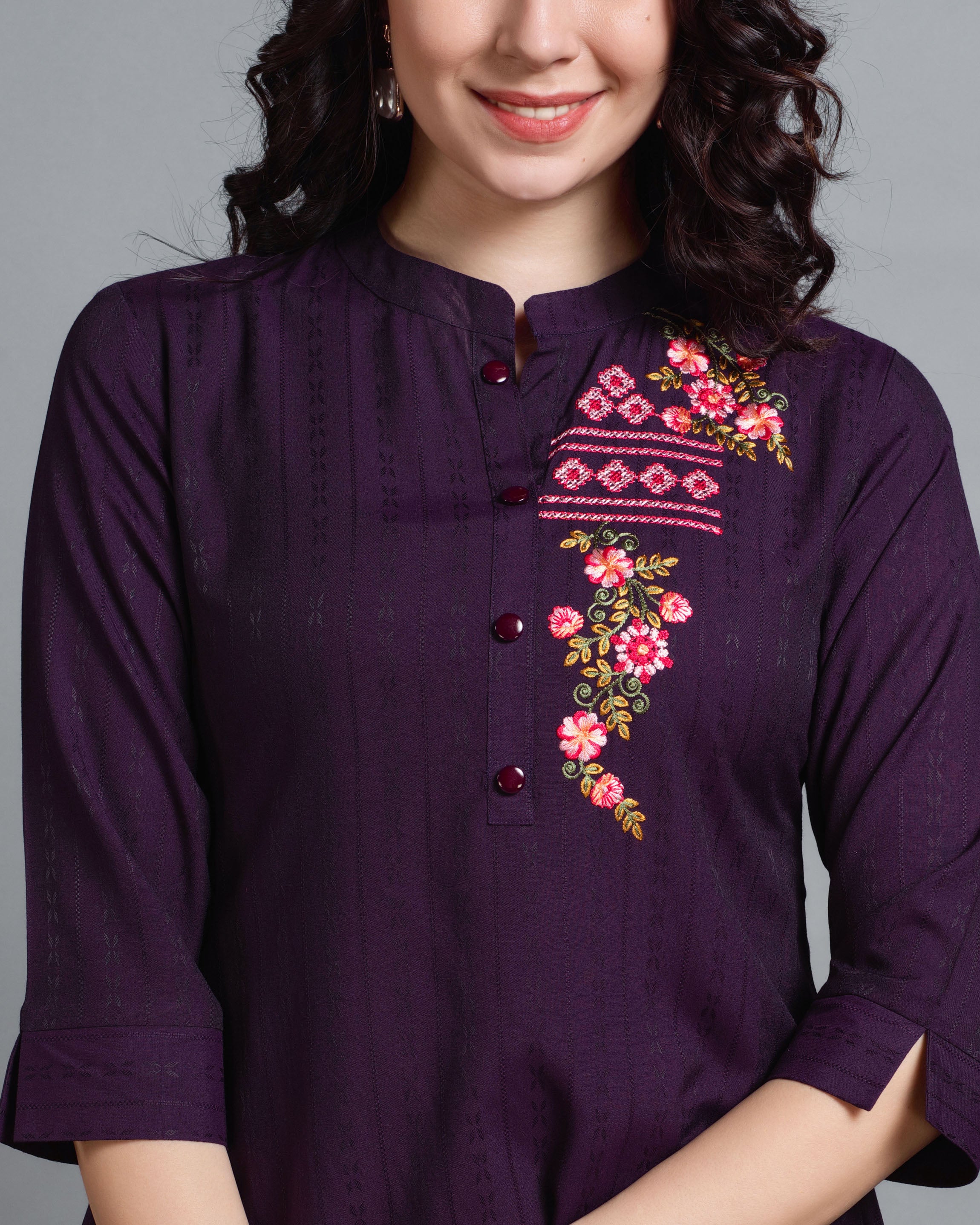 Her Couture Women's Wine Pure Viscose Rayon Floral Embroidered A-line Top