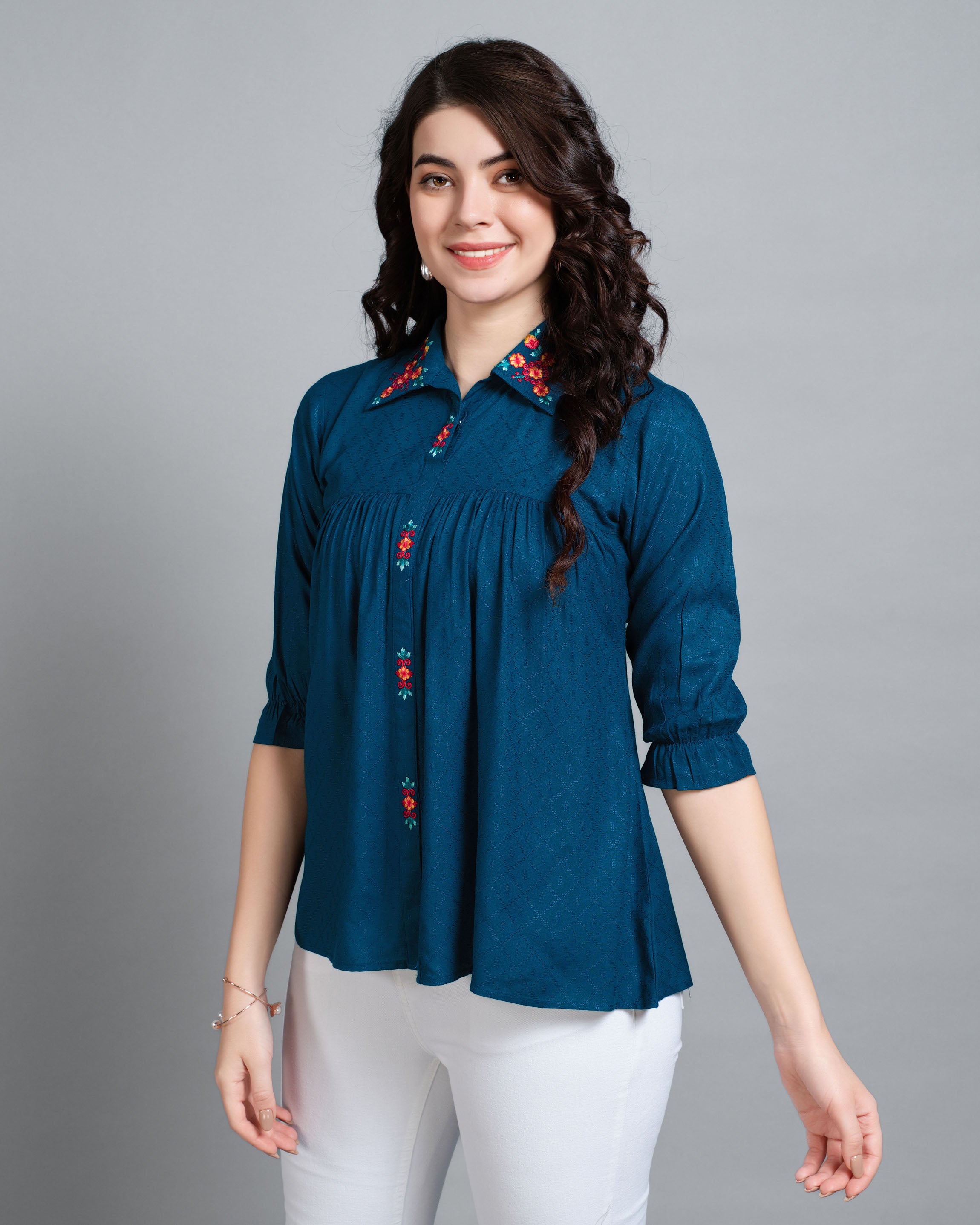 Her Couture Women's Teal Pure Viscose Rayon Floral Embroidered Shirt Style Top