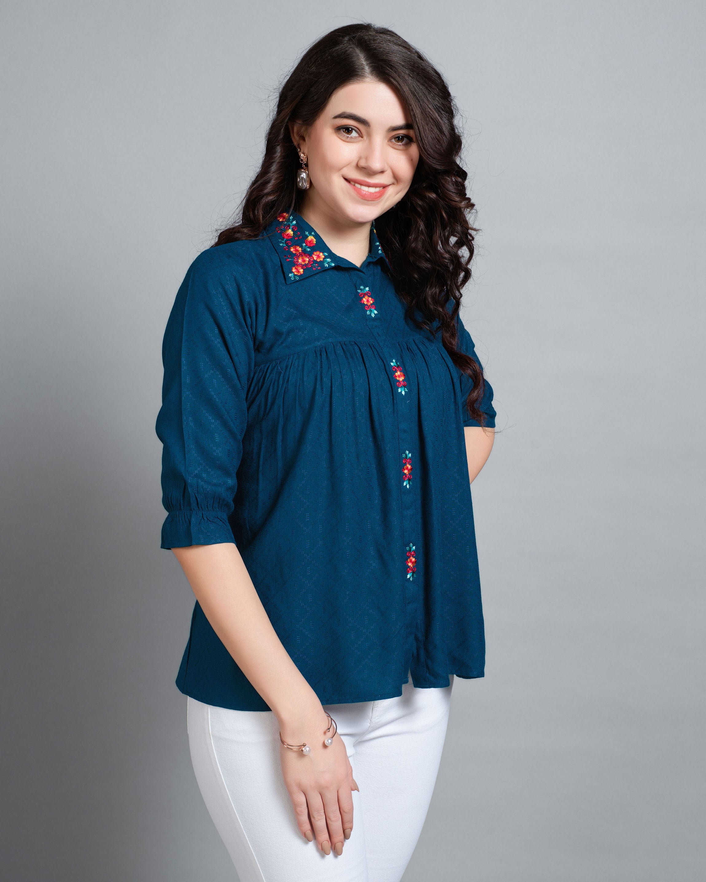 Her Couture Women's Teal Pure Viscose Rayon Floral Embroidered Shirt Style Top