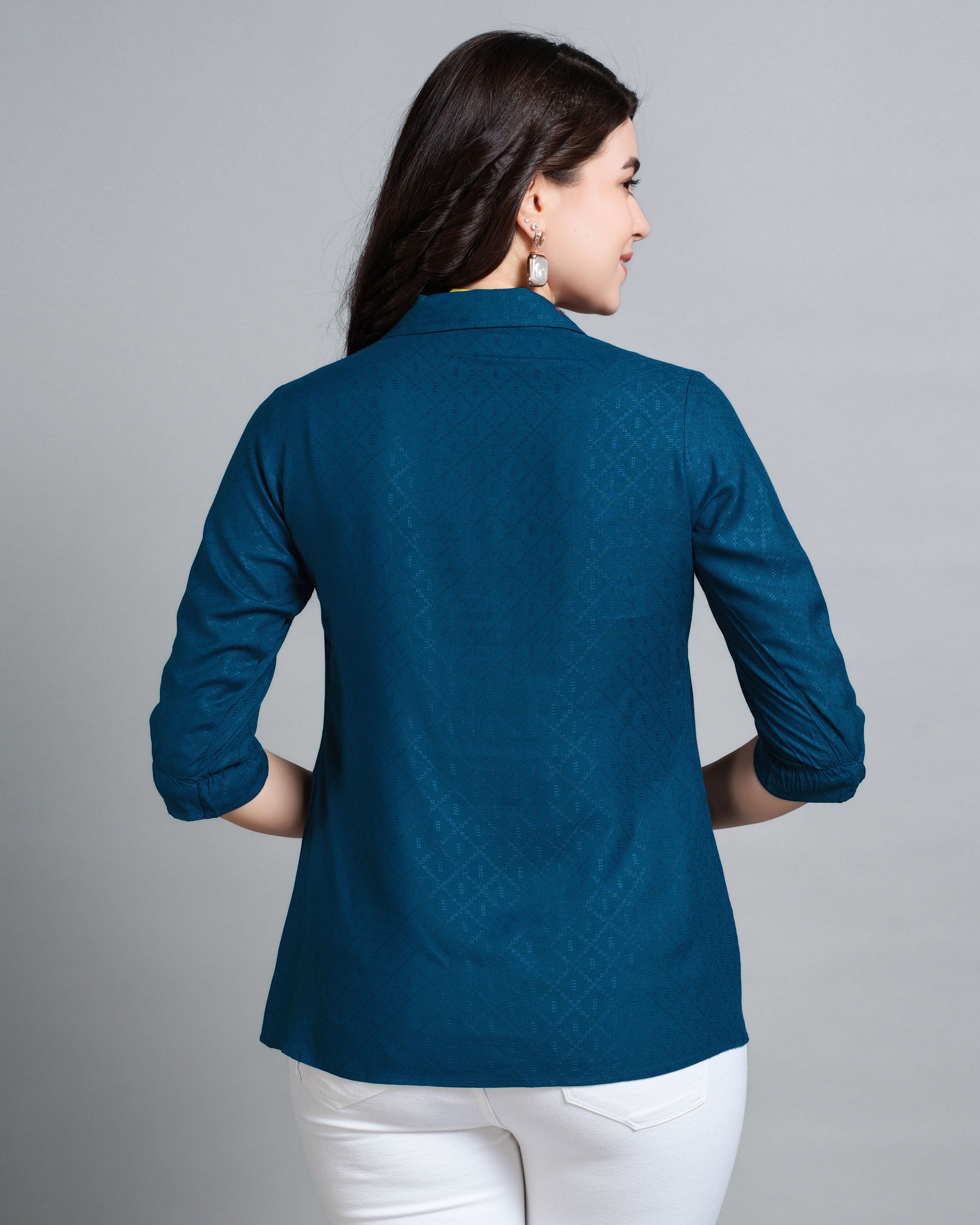 Her Couture Women's Teal Pure Viscose Rayon Floral Embroidered Shirt Style Top
