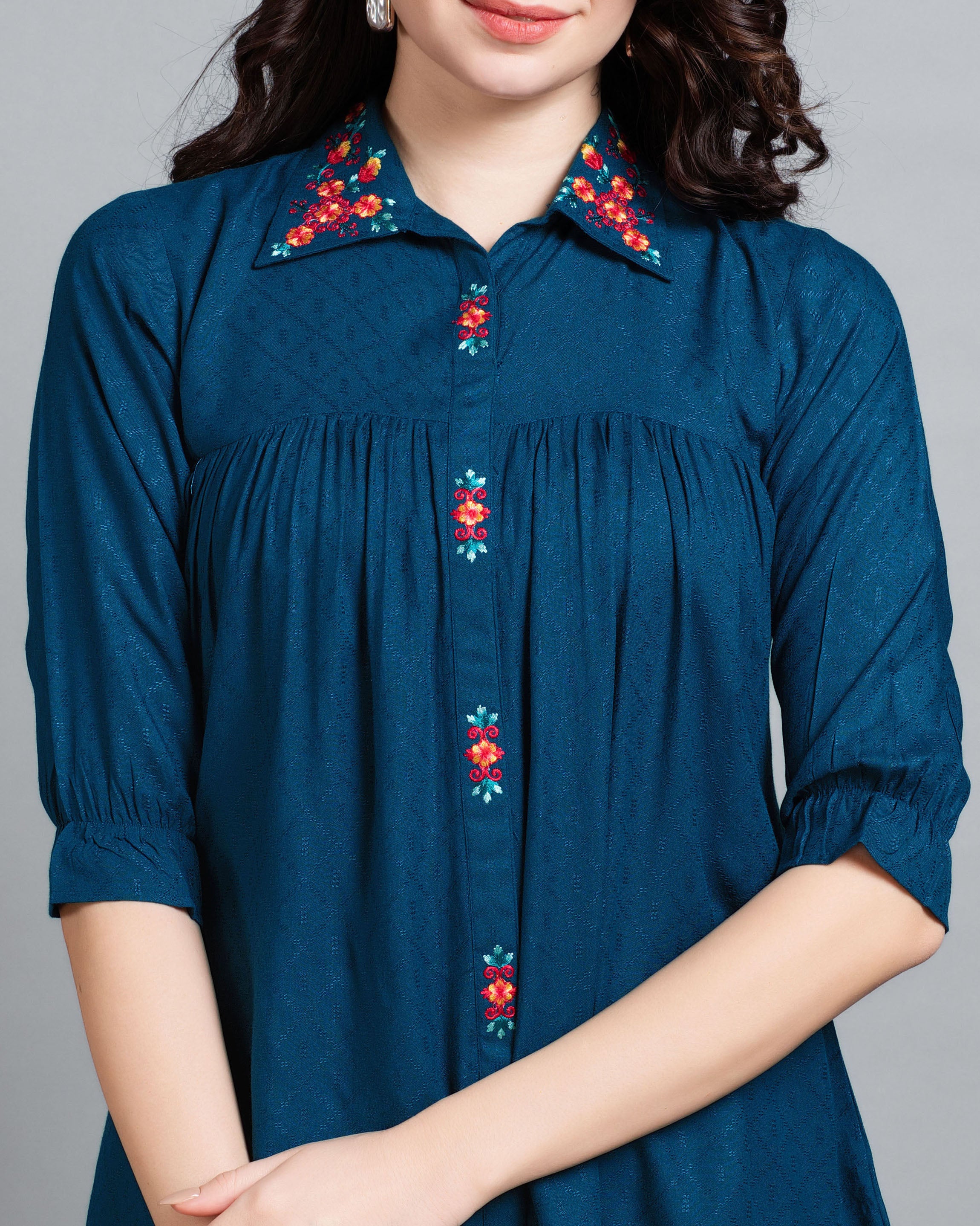 Her Couture Women's Teal Pure Viscose Rayon Floral Embroidered Shirt Style Top