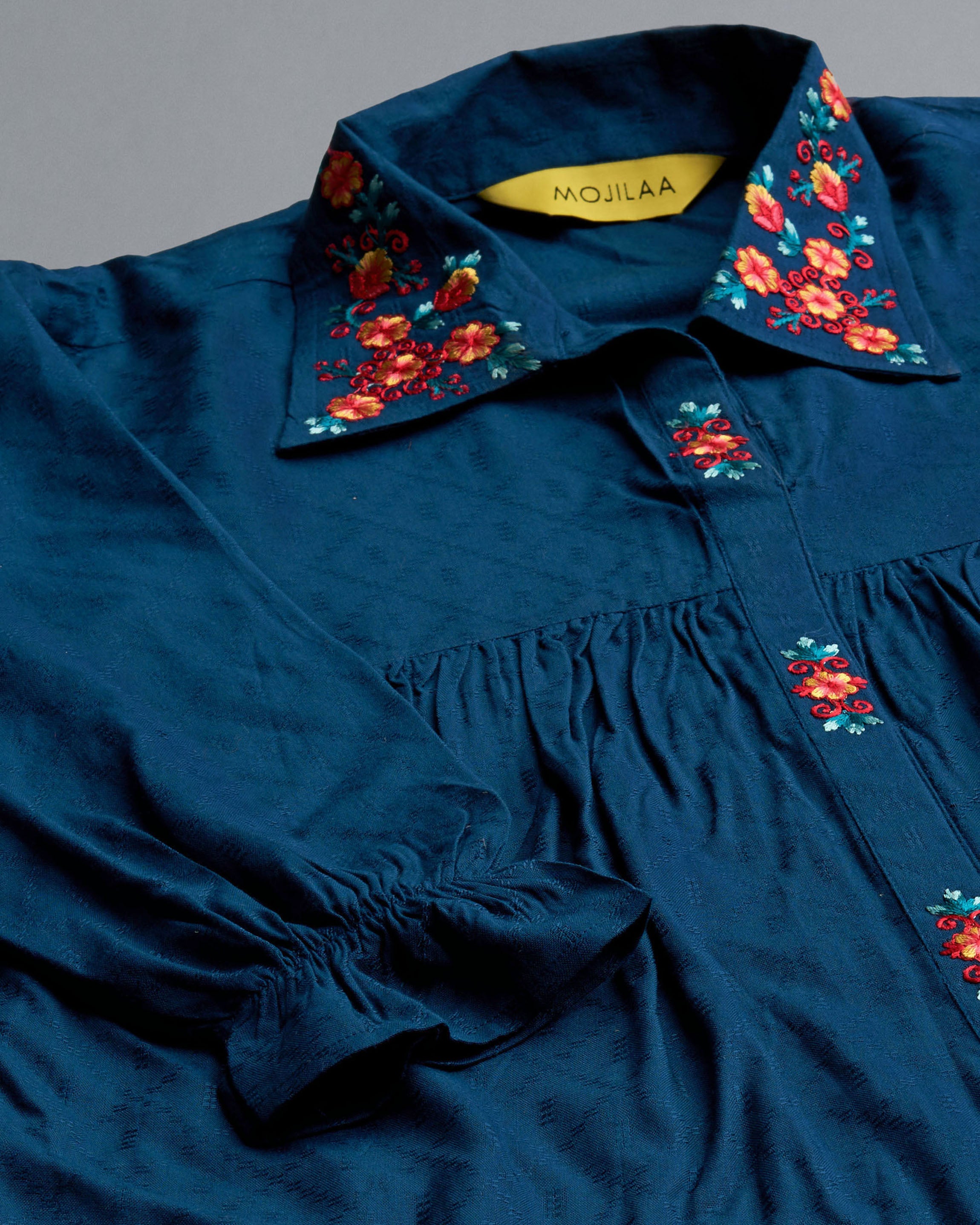 Her Couture Women's Teal Pure Viscose Rayon Floral Embroidered Shirt Style Top