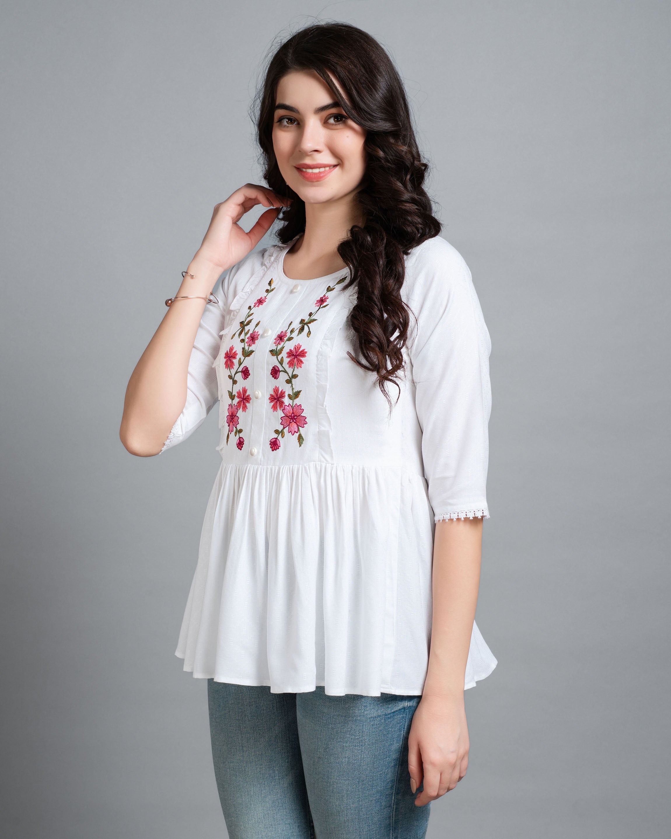 Her Couture Women's White Pure Viscose Rayon Floral Embroidered Peplum Top