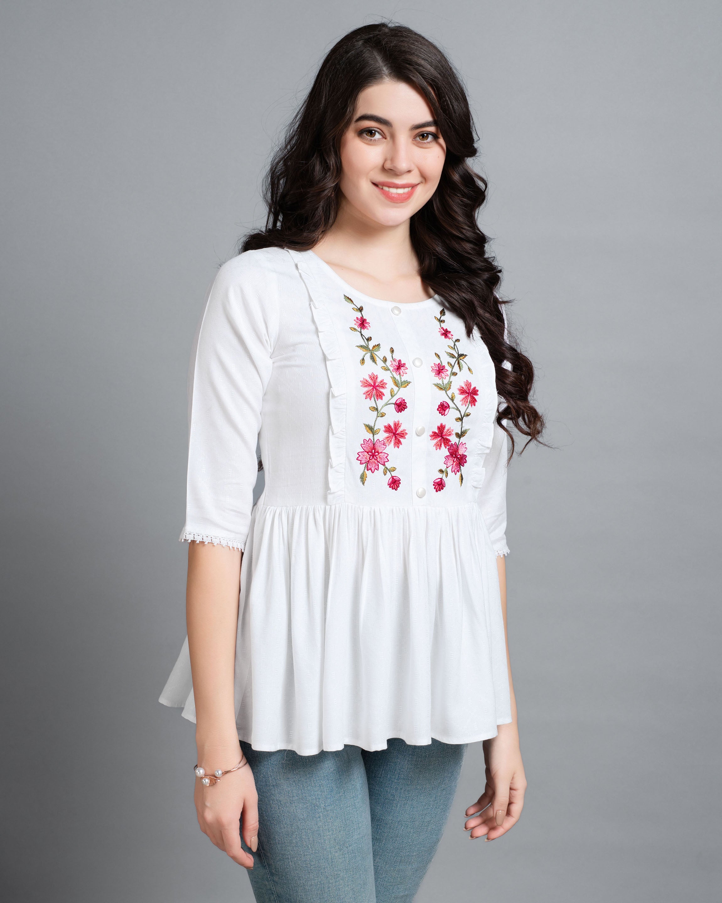 Her Couture Women's White Pure Viscose Rayon Floral Embroidered Peplum Top