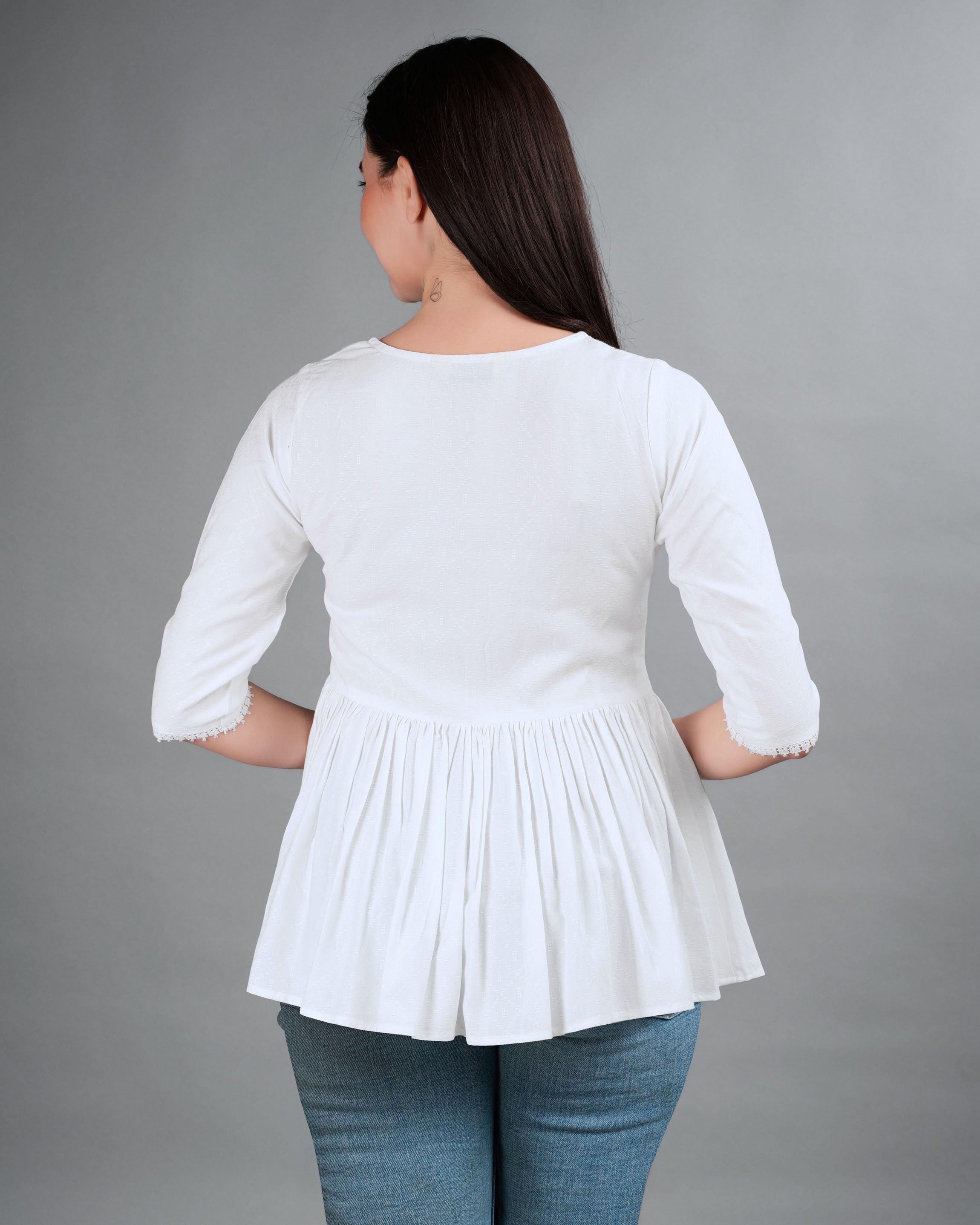 Her Couture Women's White Pure Viscose Rayon Floral Embroidered Peplum Top