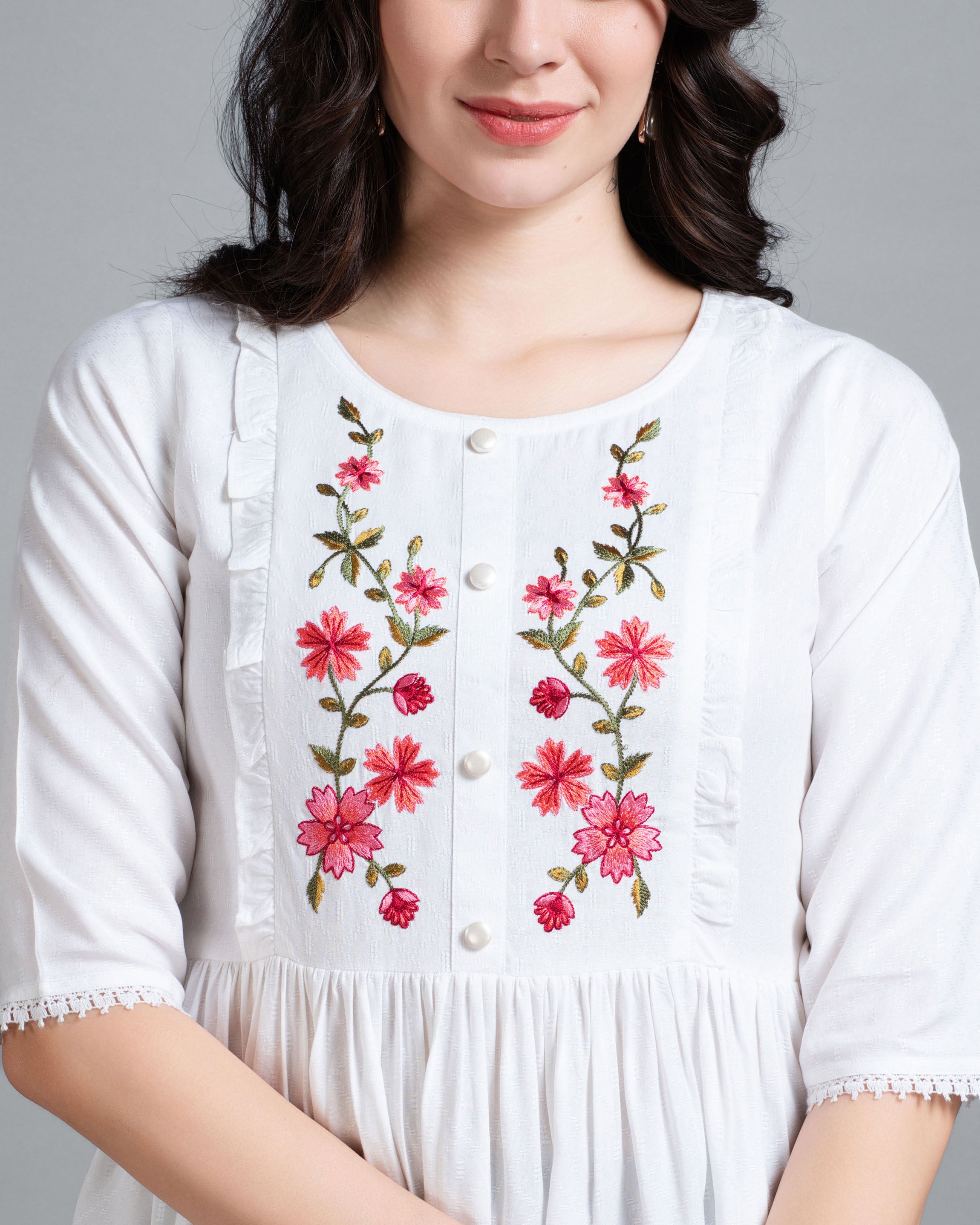 Her Couture Women's White Pure Viscose Rayon Floral Embroidered Peplum Top