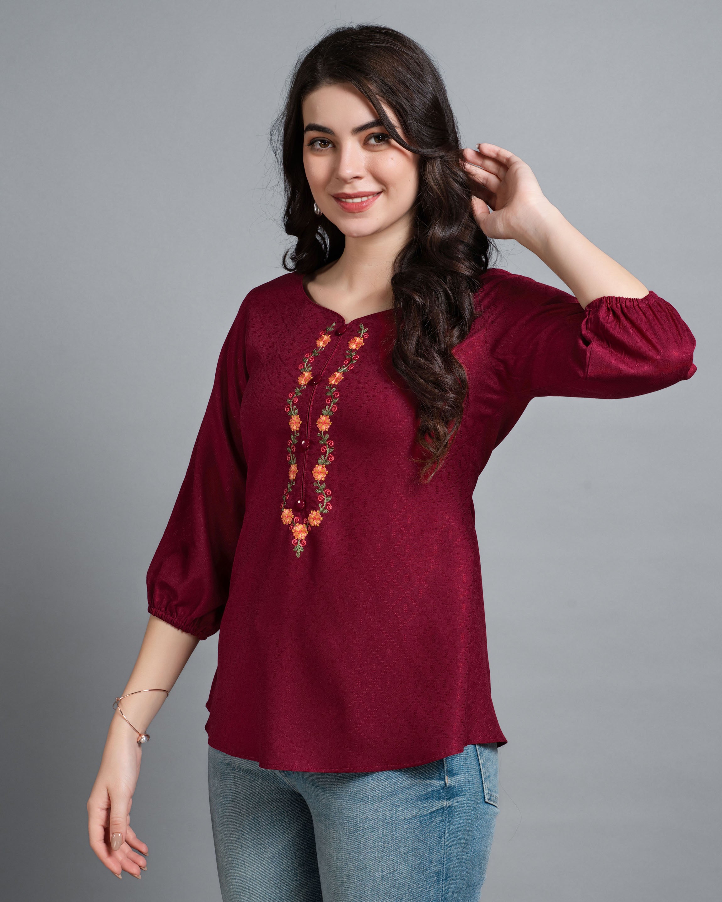 Her Couture Women's Maroon Pure Viscose Rayon Floral Embroidered A-line Top