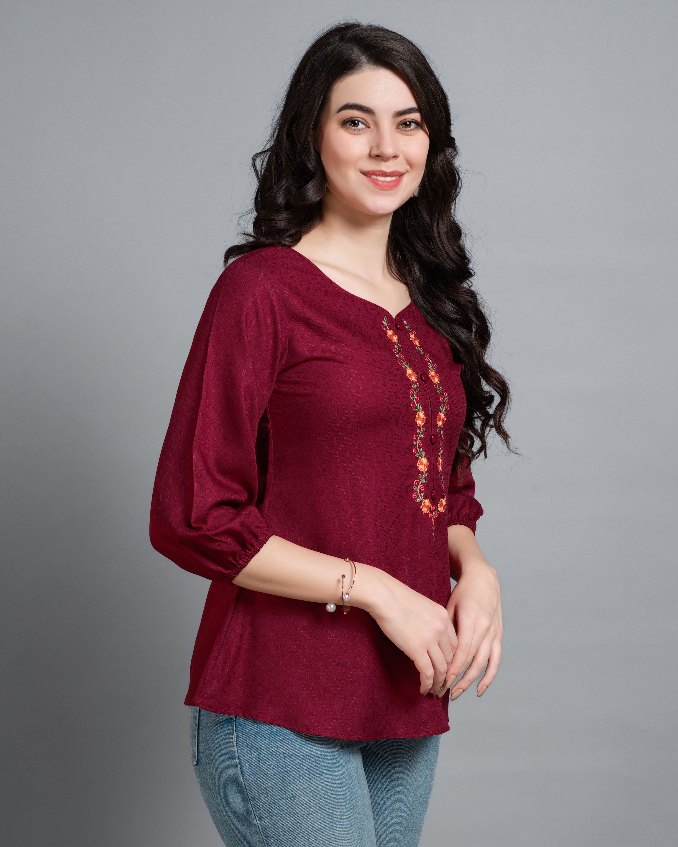 Her Couture Women's Maroon Pure Viscose Rayon Floral Embroidered A-line Top