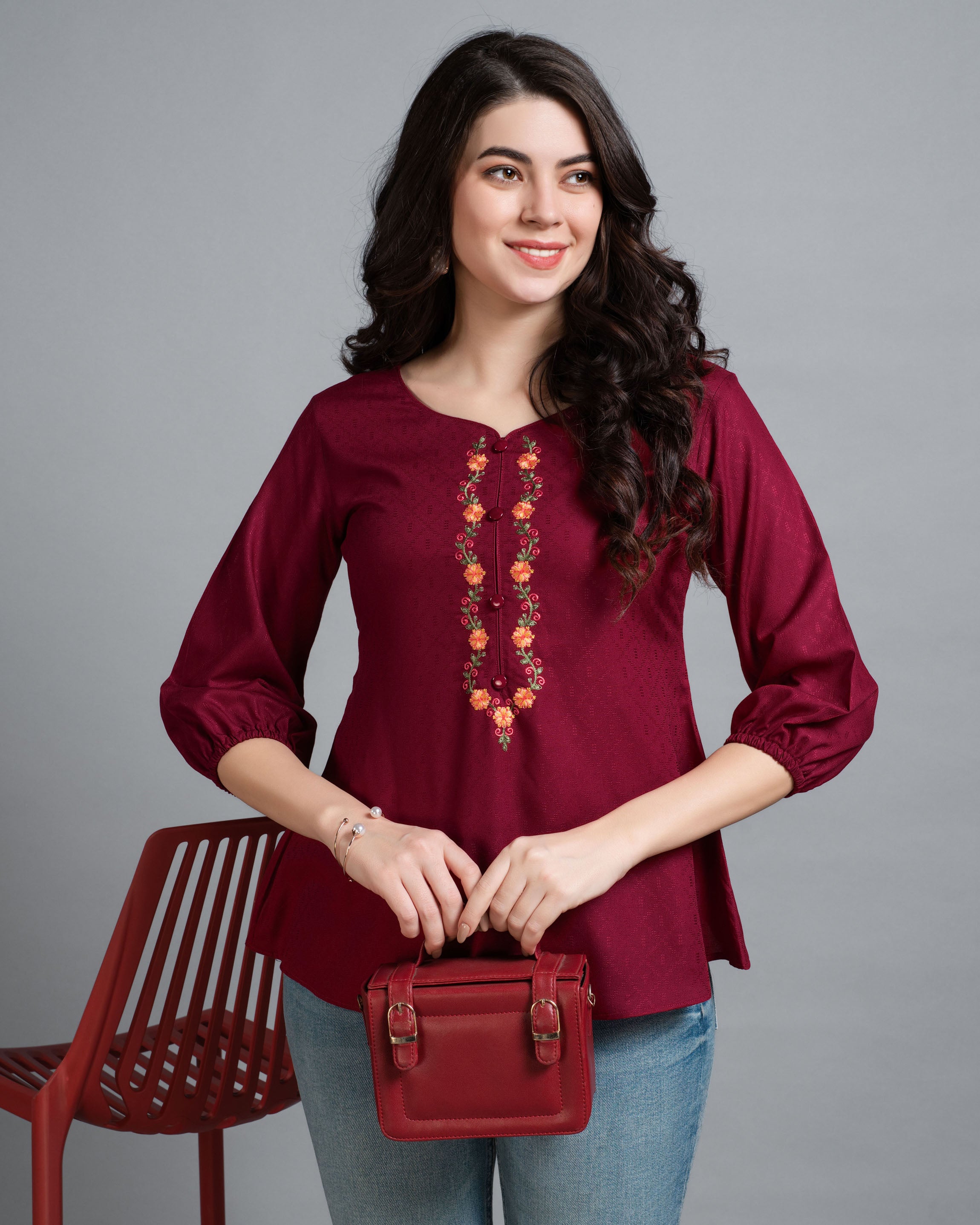 Her Couture Women's Maroon Pure Viscose Rayon Floral Embroidered A-line Top