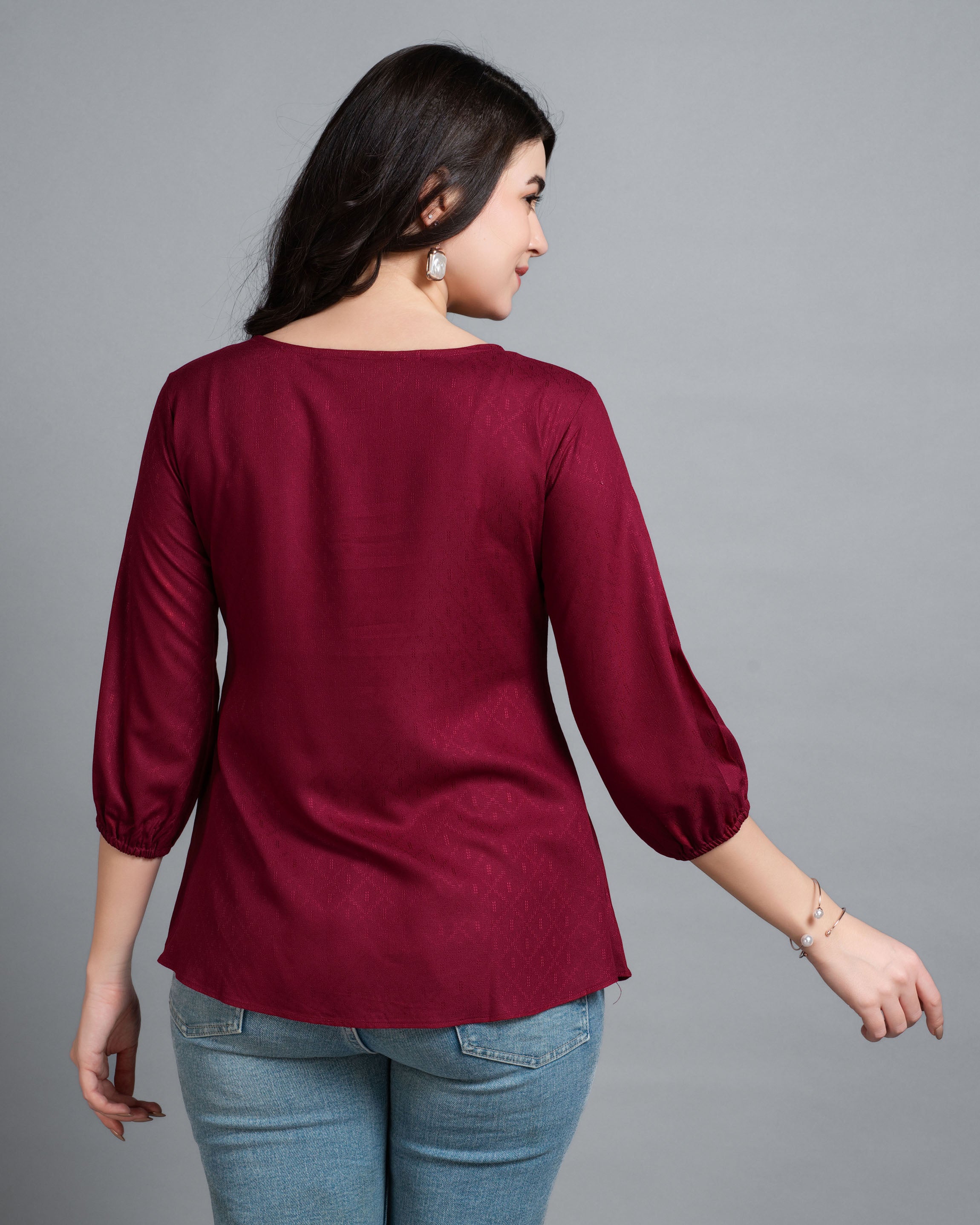 Her Couture Women's Maroon Pure Viscose Rayon Floral Embroidered A-line Top