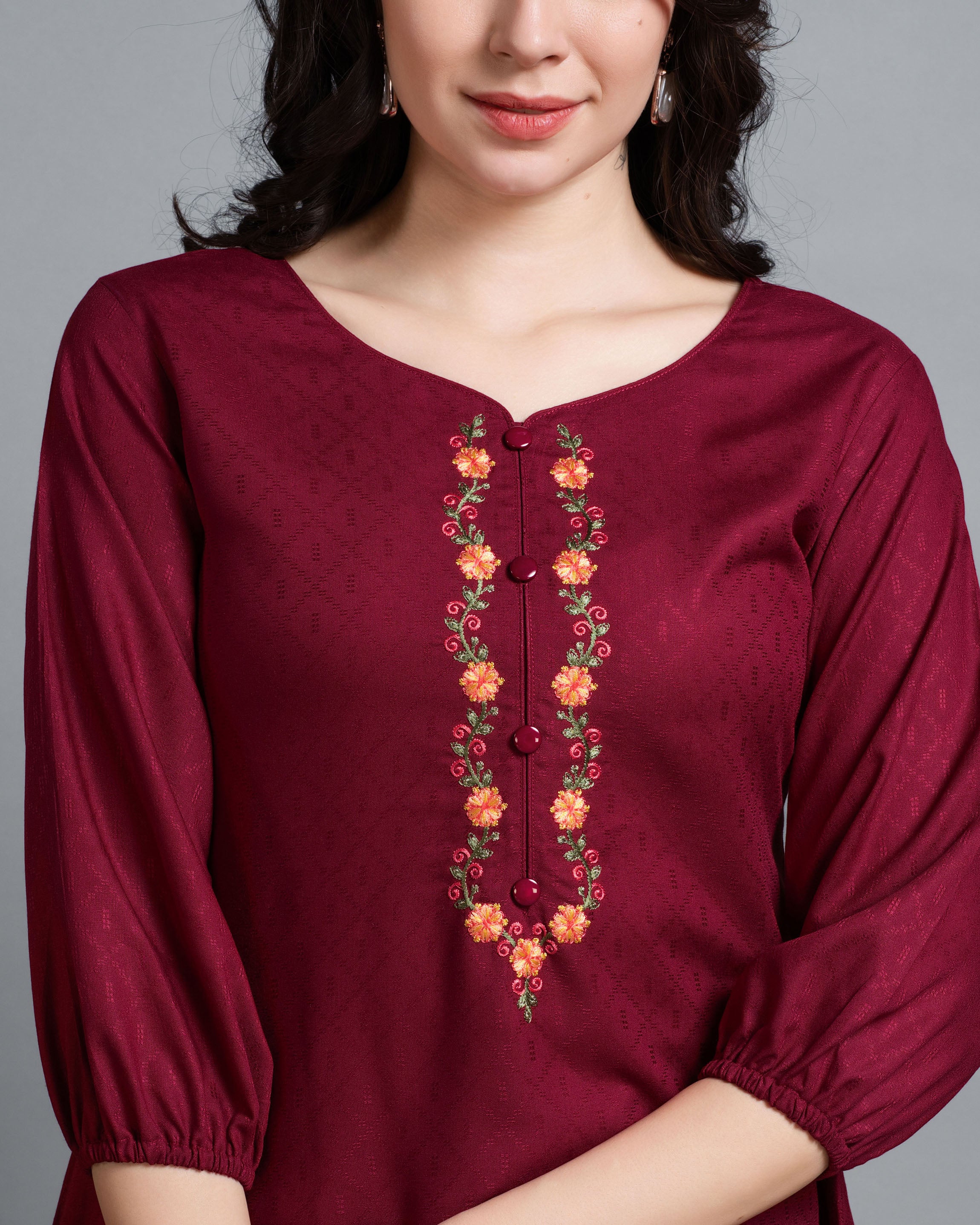 Her Couture Women's Maroon Pure Viscose Rayon Floral Embroidered A-line Top