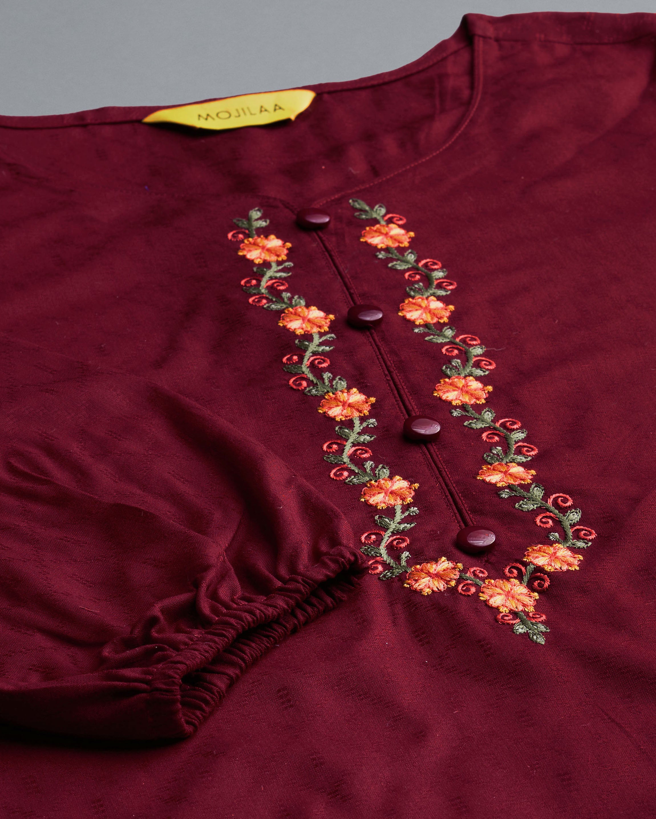 Her Couture Women's Maroon Pure Viscose Rayon Floral Embroidered A-line Top