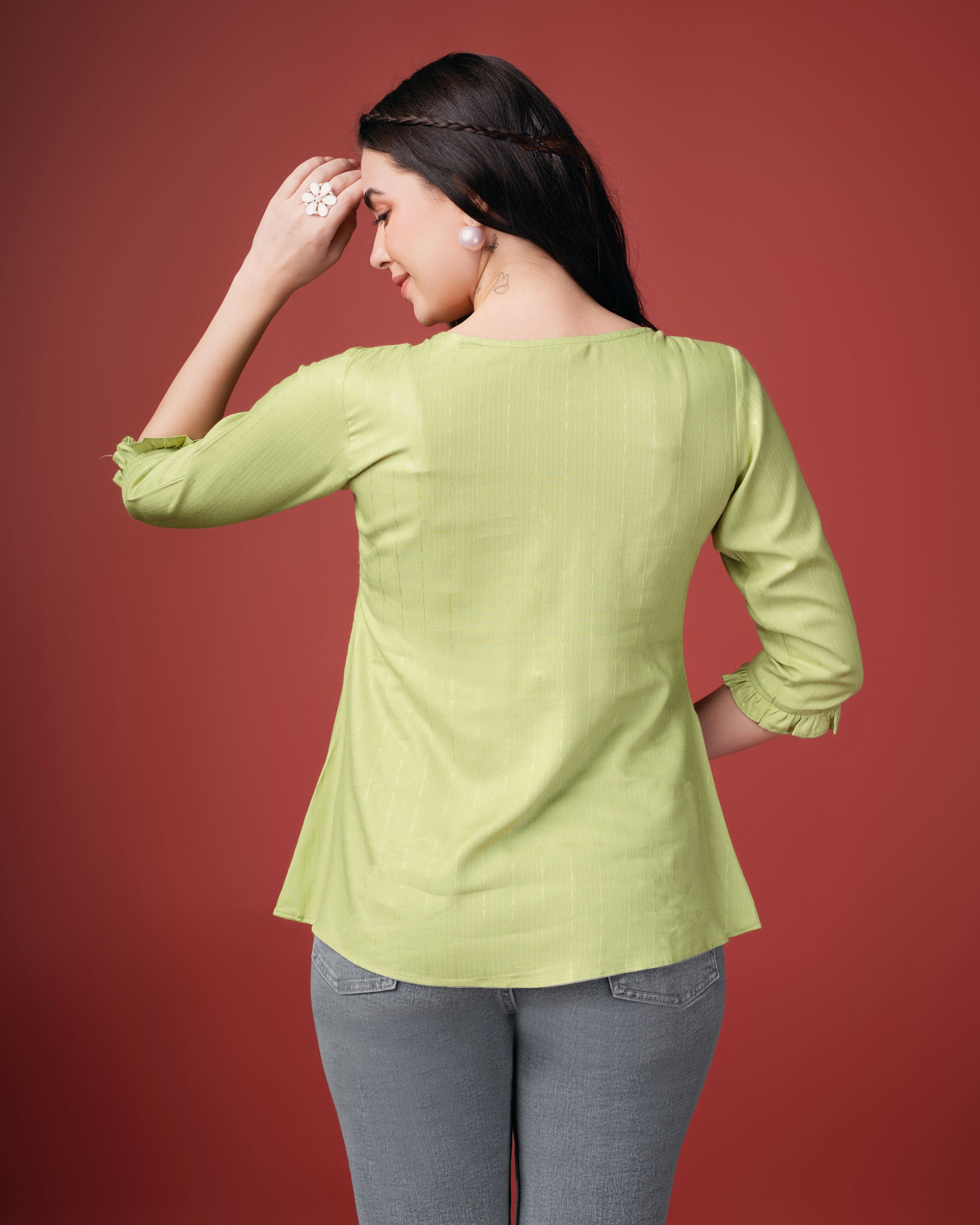 Her Couture Women's Lime Green Pure Viscose Rayon Floral Embroidered A-line Top