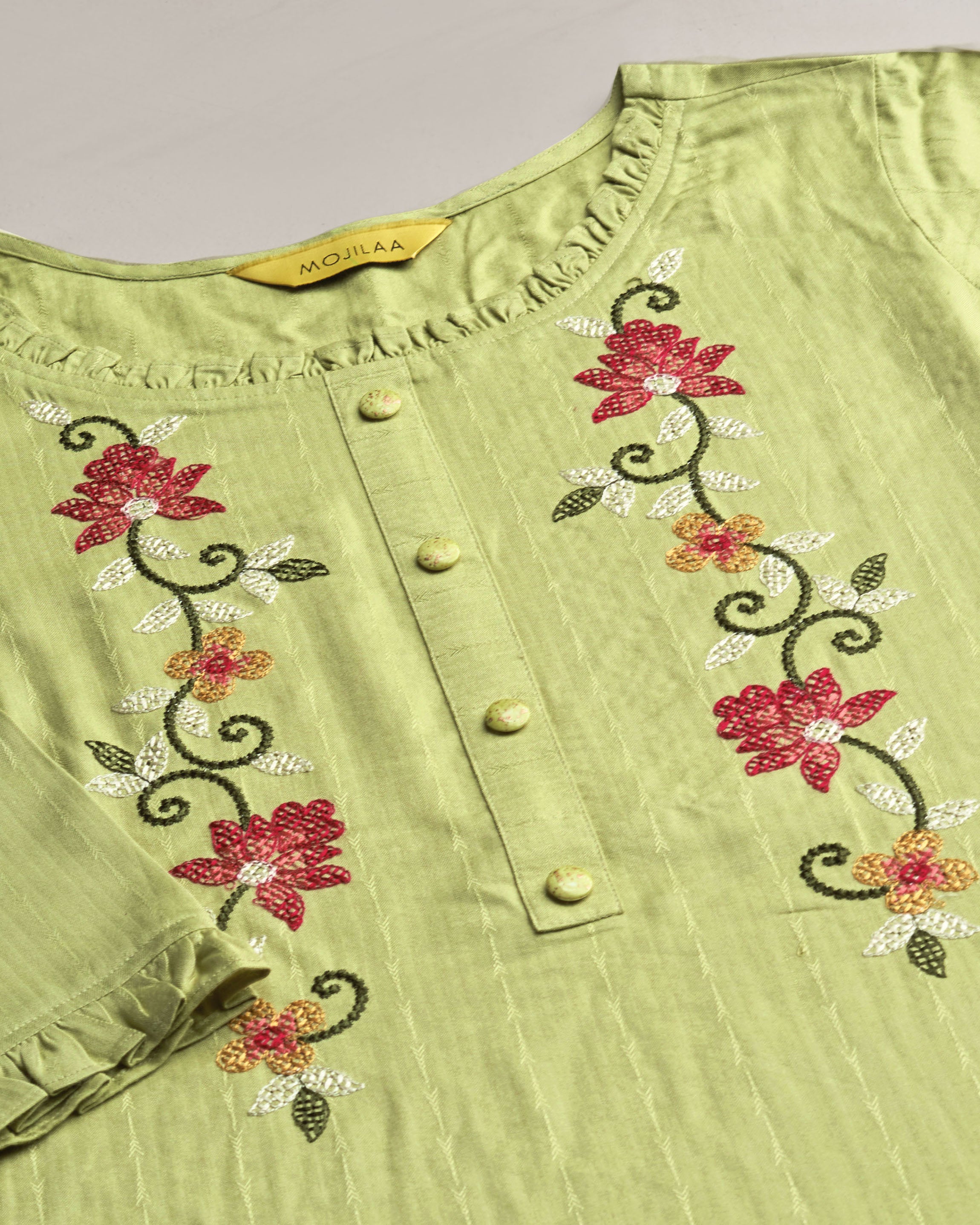 Her Couture Women's Lime Green Pure Viscose Rayon Floral Embroidered A-line Top