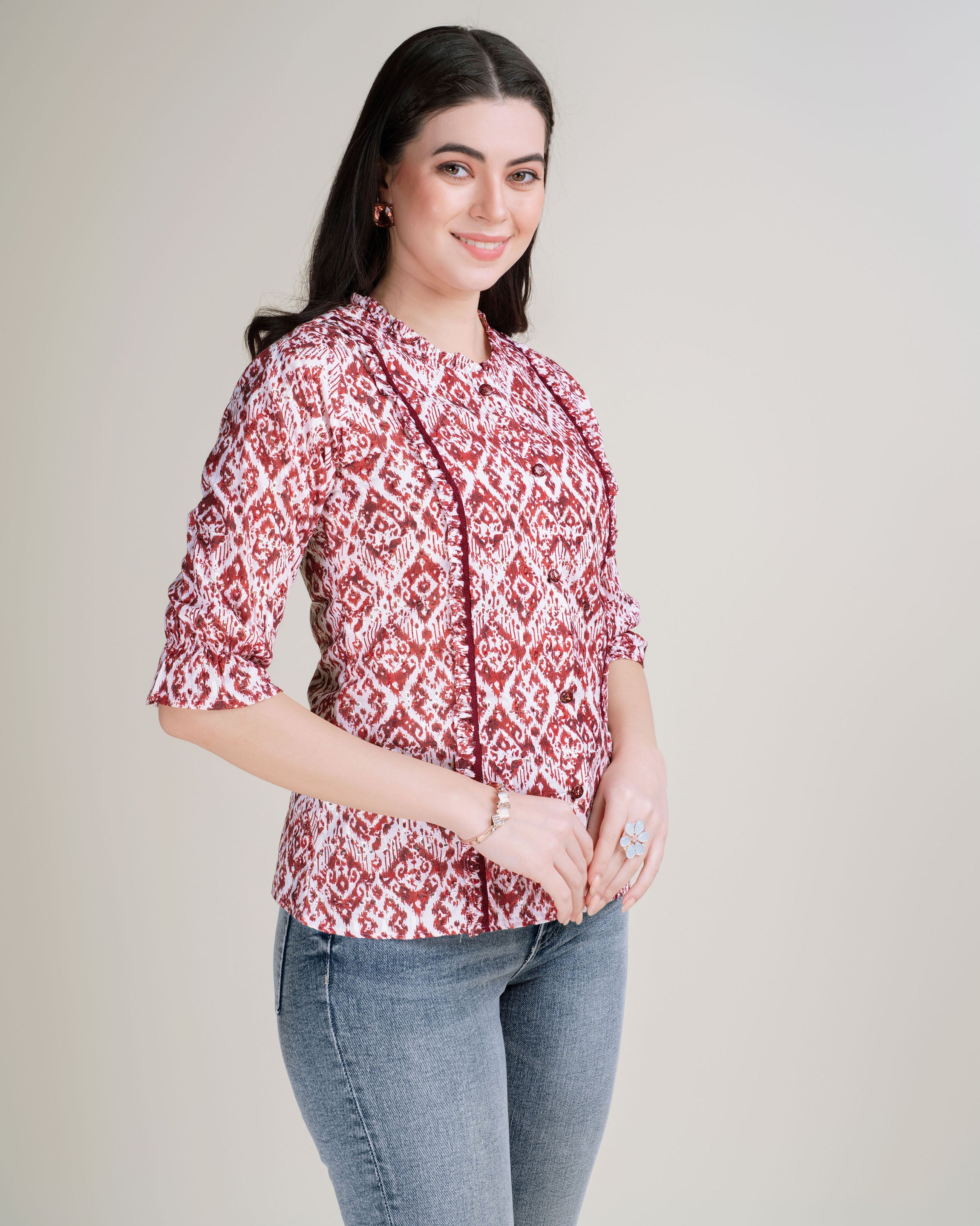 Her Couture Women's Brown Pure Cotton Blend Ikat Print Bored Schiffli Embroidered A-line Top