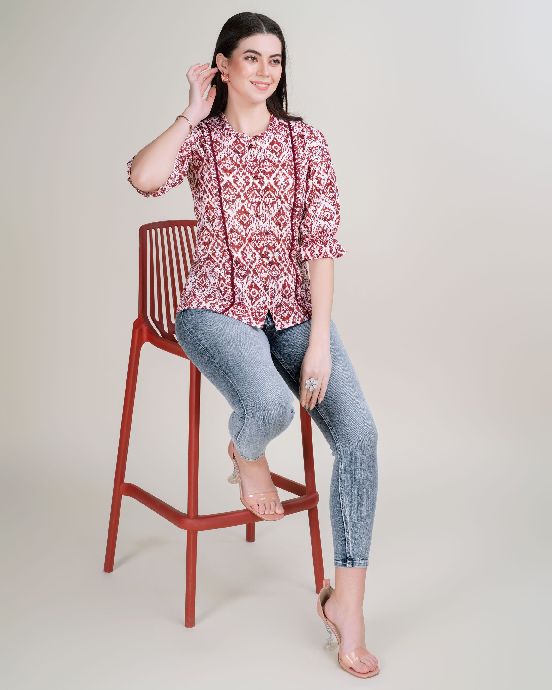 Her Couture Women's Brown Pure Cotton Blend Ikat Print Bored Schiffli Embroidered A-line Top