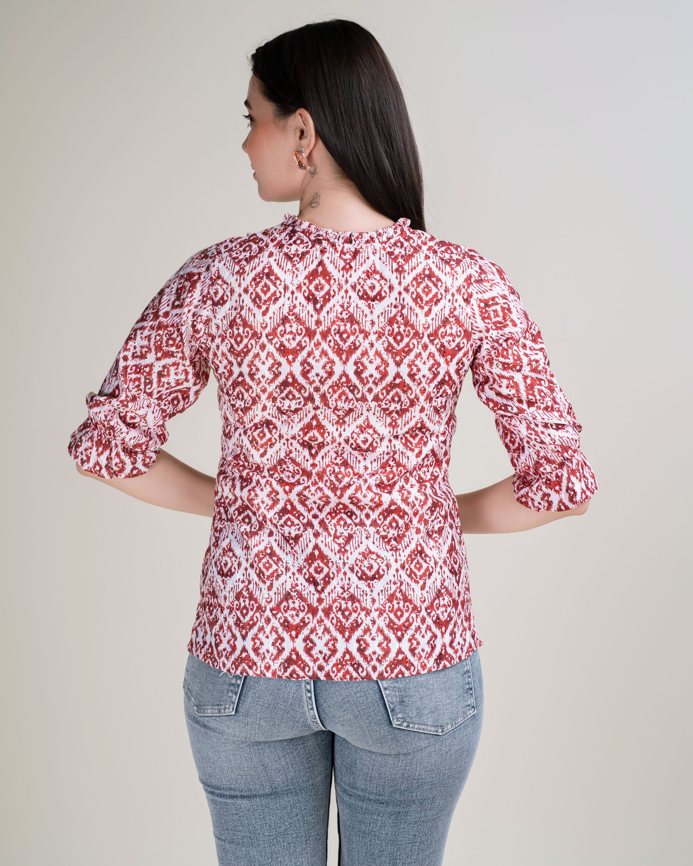 Her Couture Women's Brown Pure Cotton Blend Ikat Print Bored Schiffli Embroidered A-line Top