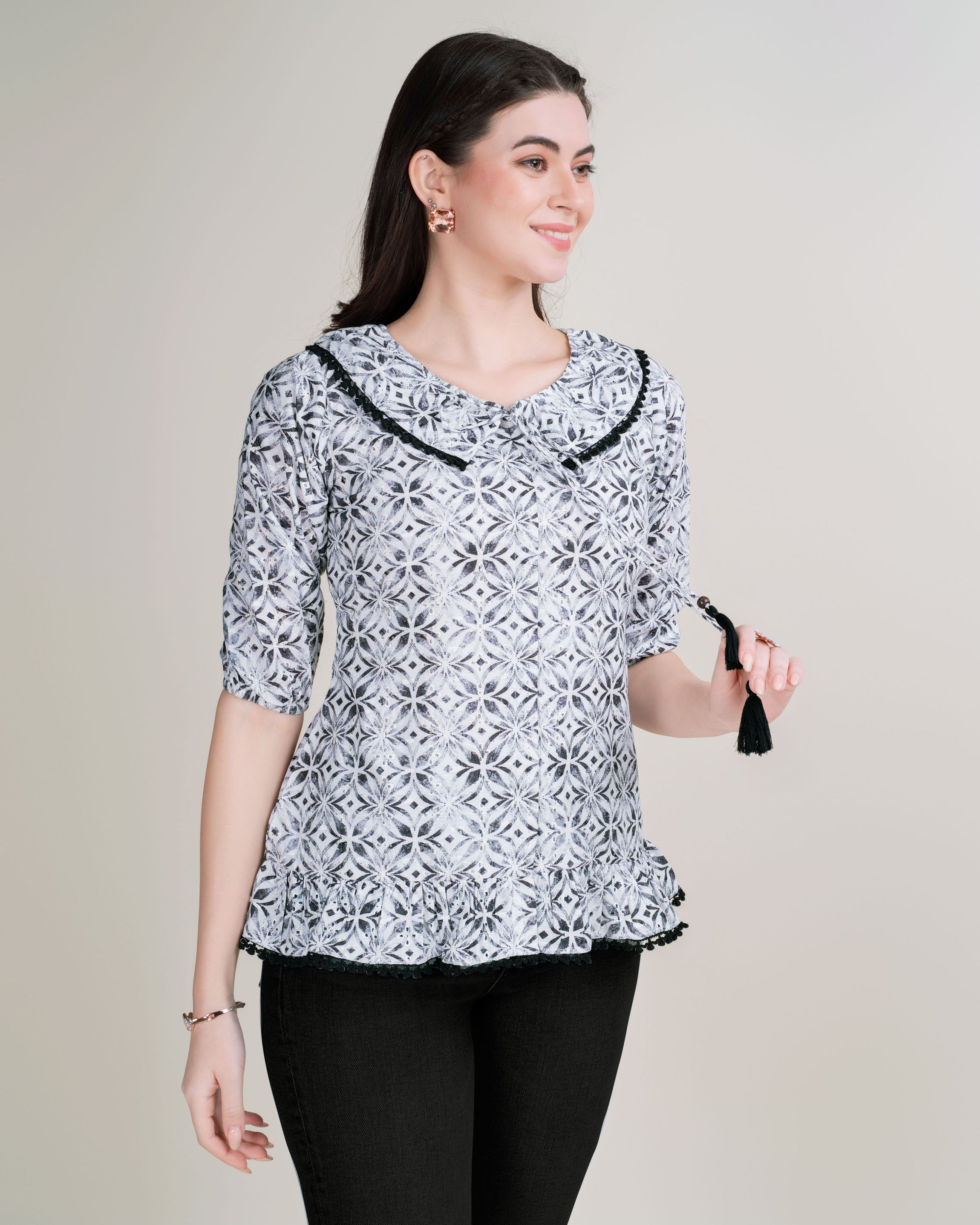 Her Couture Women's Black Pure Cotton Blend Abstract Printed Bored Schiffli Embroidered Drop Waist Top