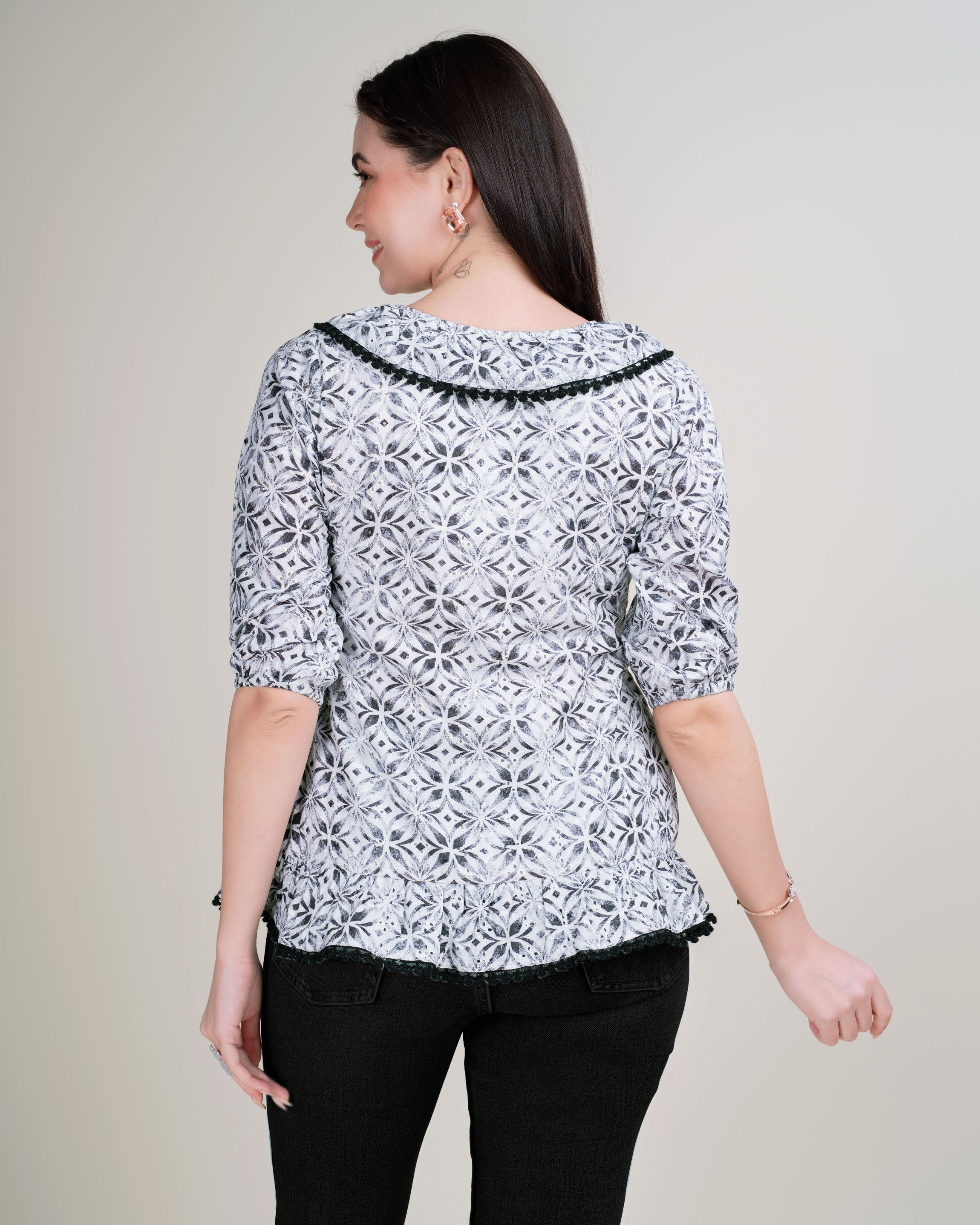 Her Couture Women's Black Pure Cotton Blend Abstract Printed Bored Schiffli Embroidered Drop Waist Top