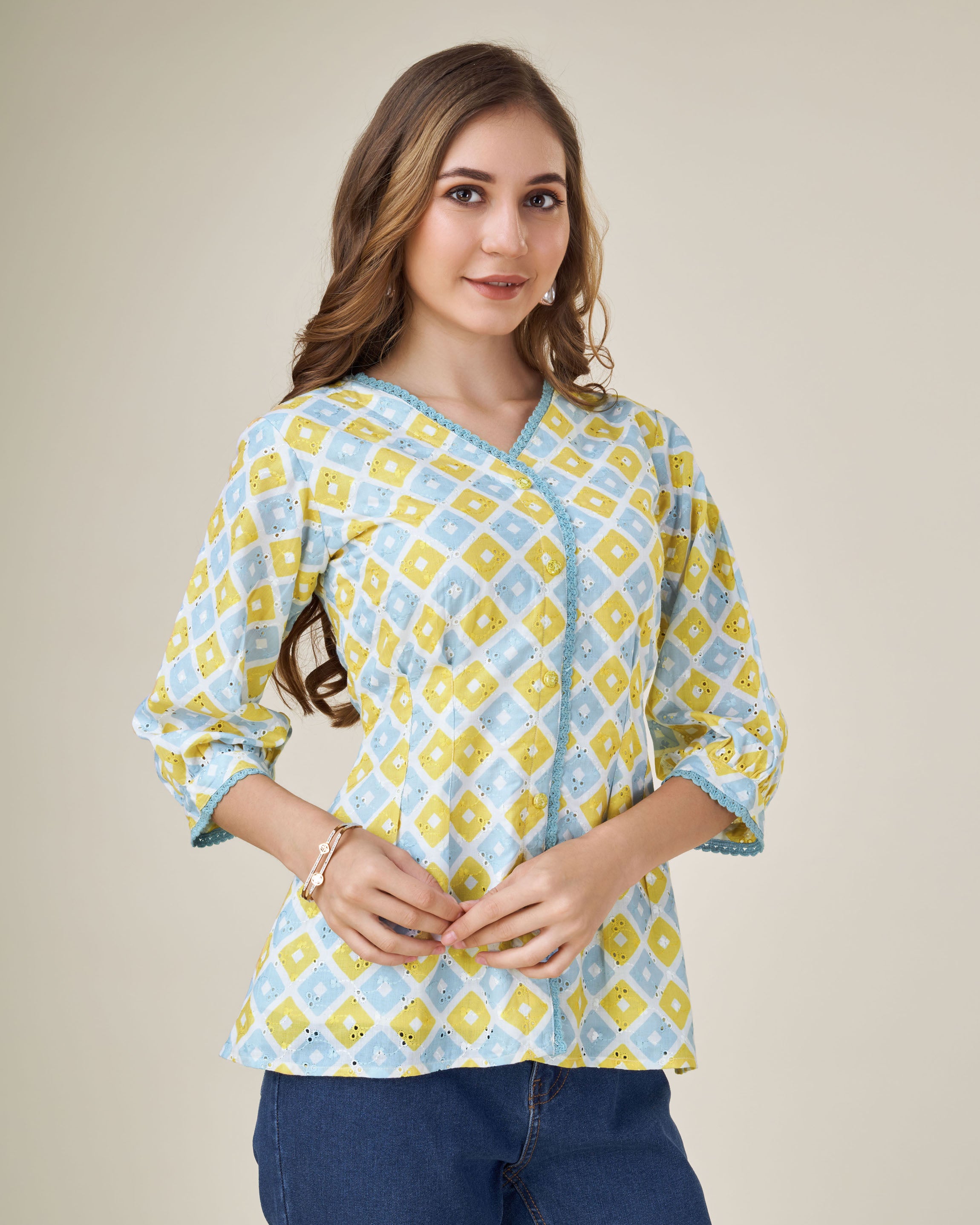 Her Couture Women's Light blue Pure Cotton Blend Abstract Printed Bored Schiffli Embroidered Shirt Style Top
