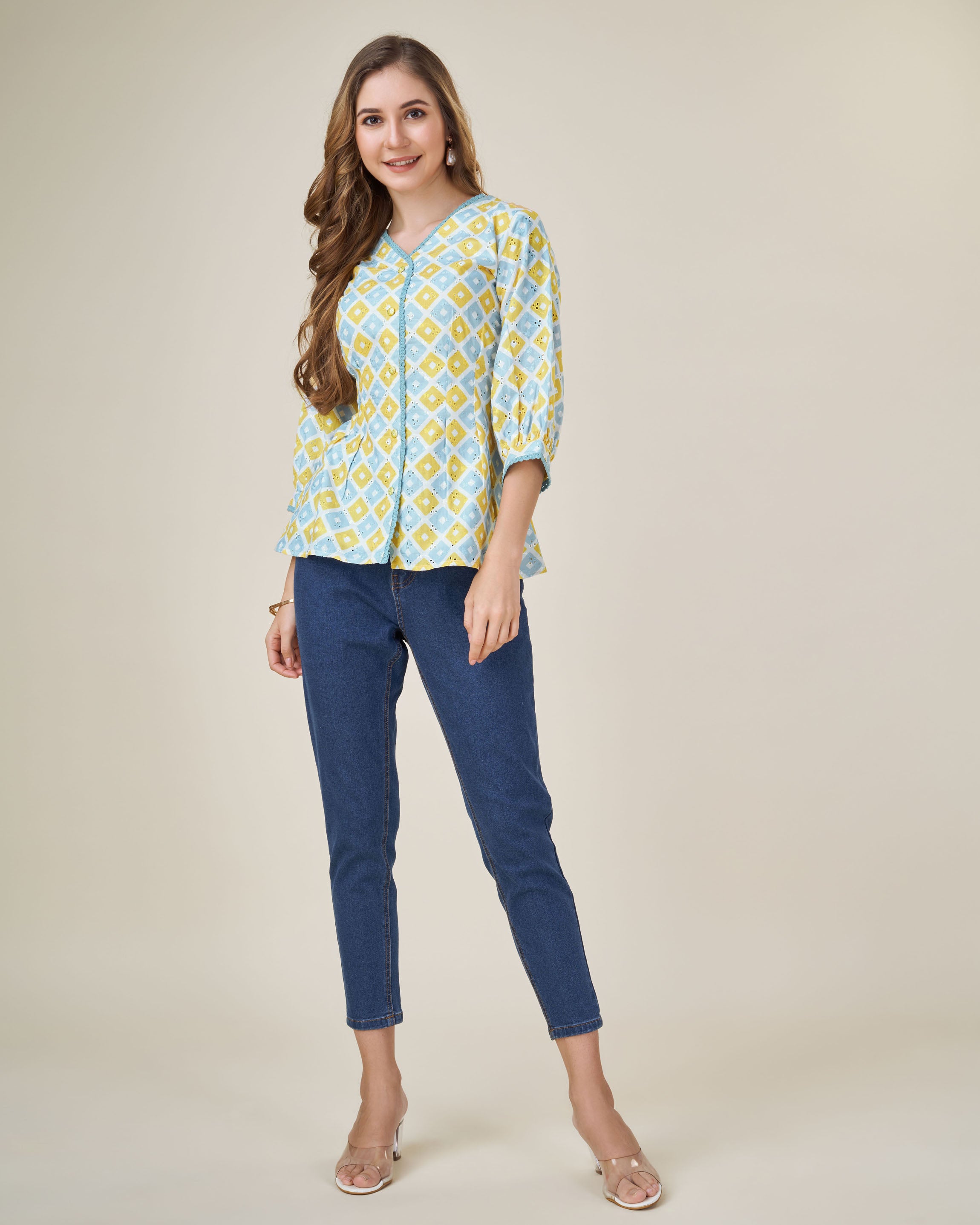 Her Couture Women's Light blue Pure Cotton Blend Abstract Printed Bored Schiffli Embroidered Shirt Style Top