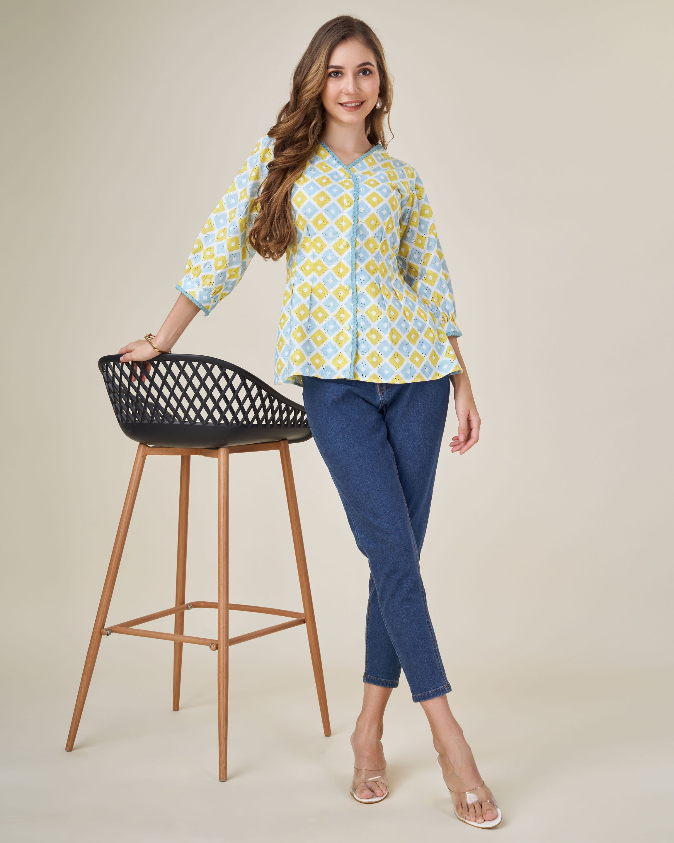 Her Couture Women's Light blue Pure Cotton Blend Abstract Printed Bored Schiffli Embroidered Shirt Style Top