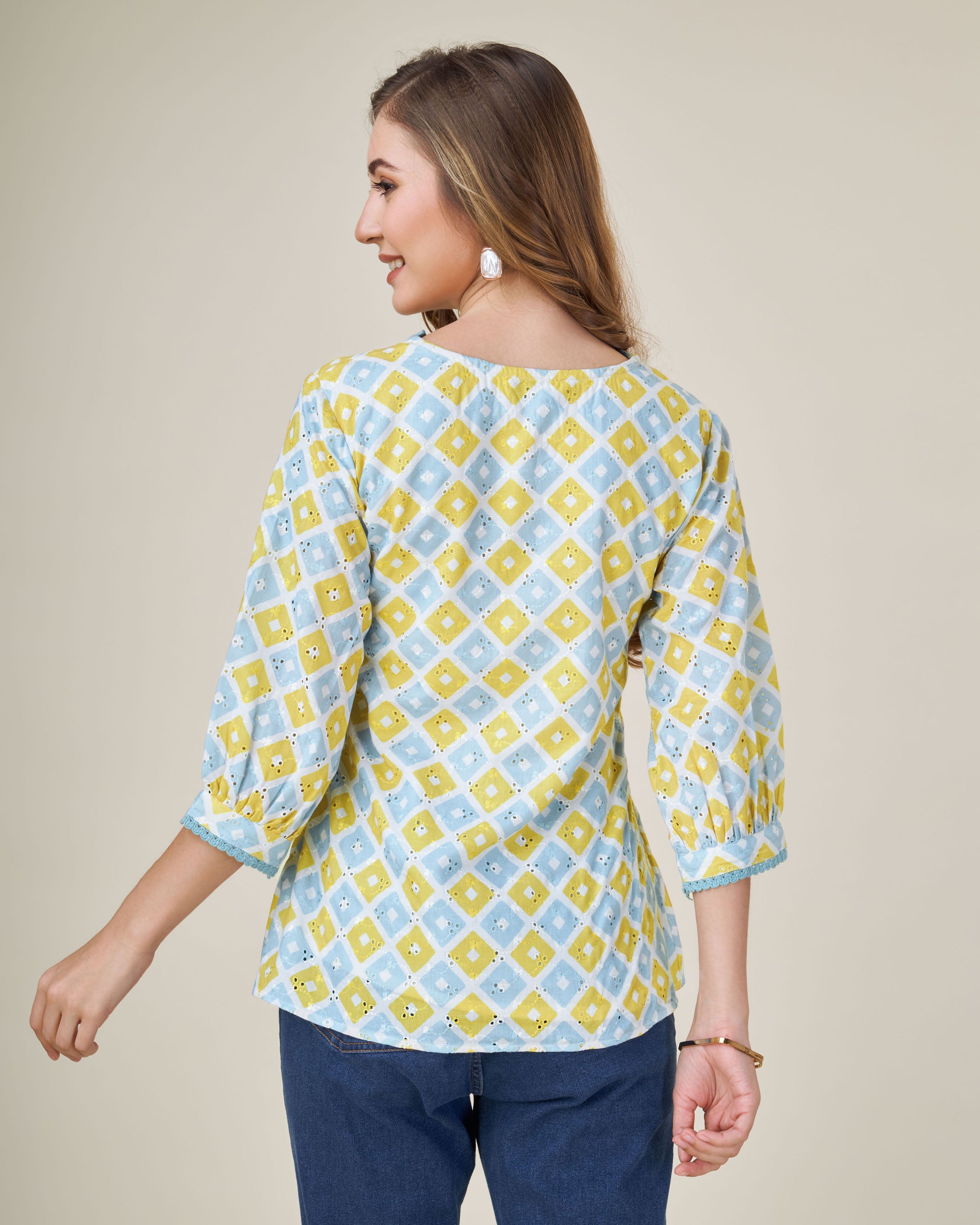 Her Couture Women's Light blue Pure Cotton Blend Abstract Printed Bored Schiffli Embroidered Shirt Style Top