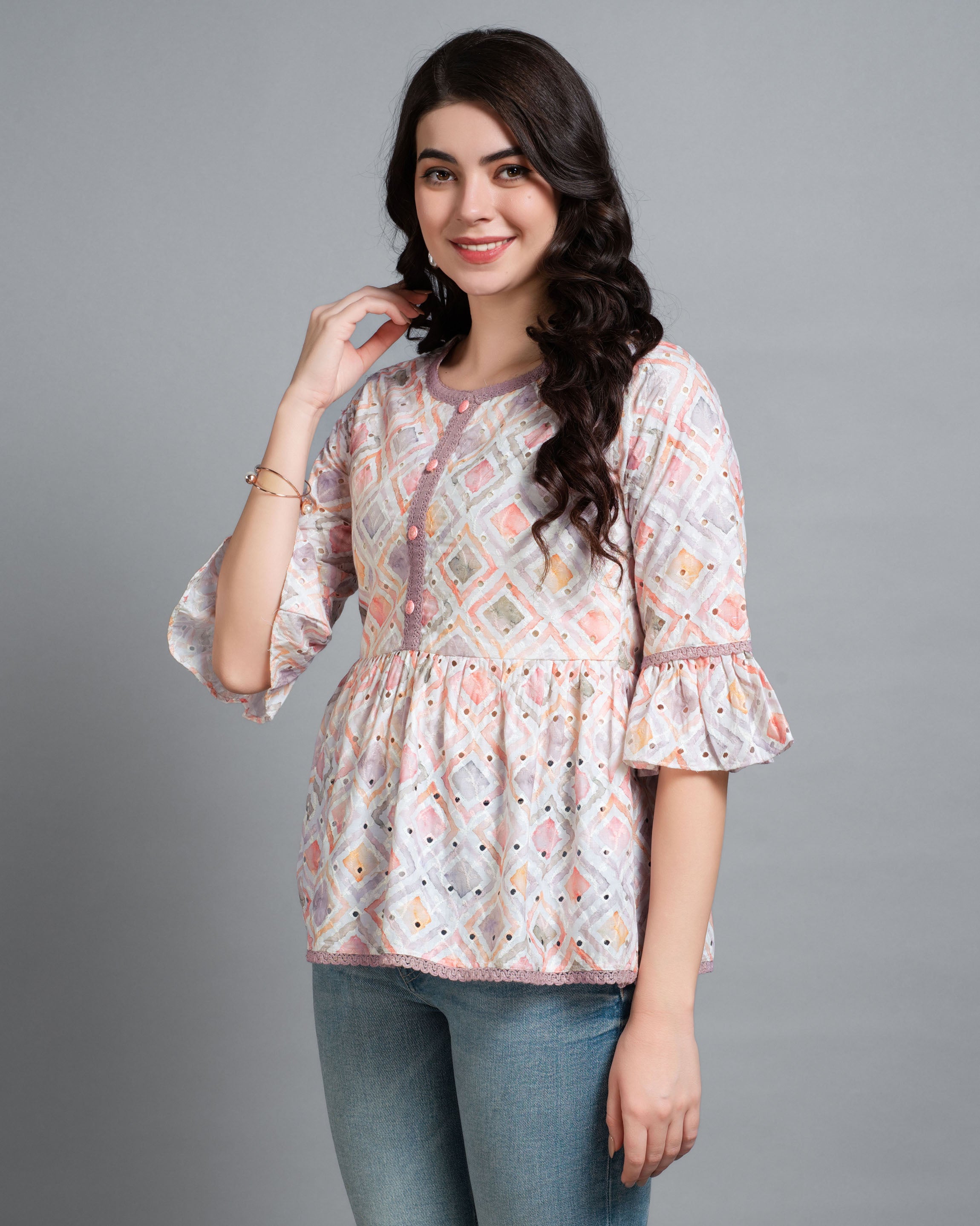Her Couture Women's Mauve Pure Cotton Blend Abstract Printed Bored Schiffli Embroidered Peplum Top