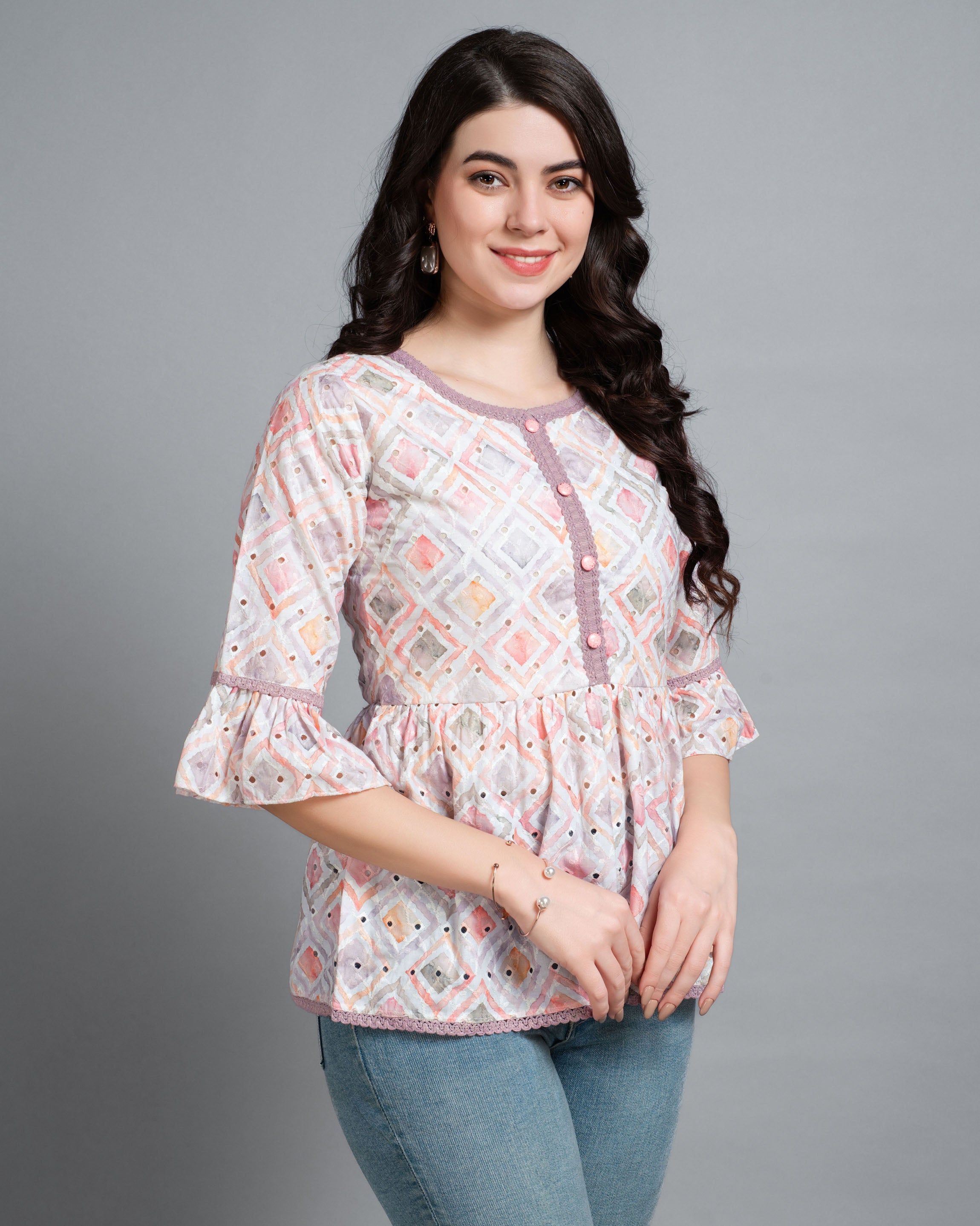 Her Couture Women's Mauve Pure Cotton Blend Abstract Printed Bored Schiffli Embroidered Peplum Top