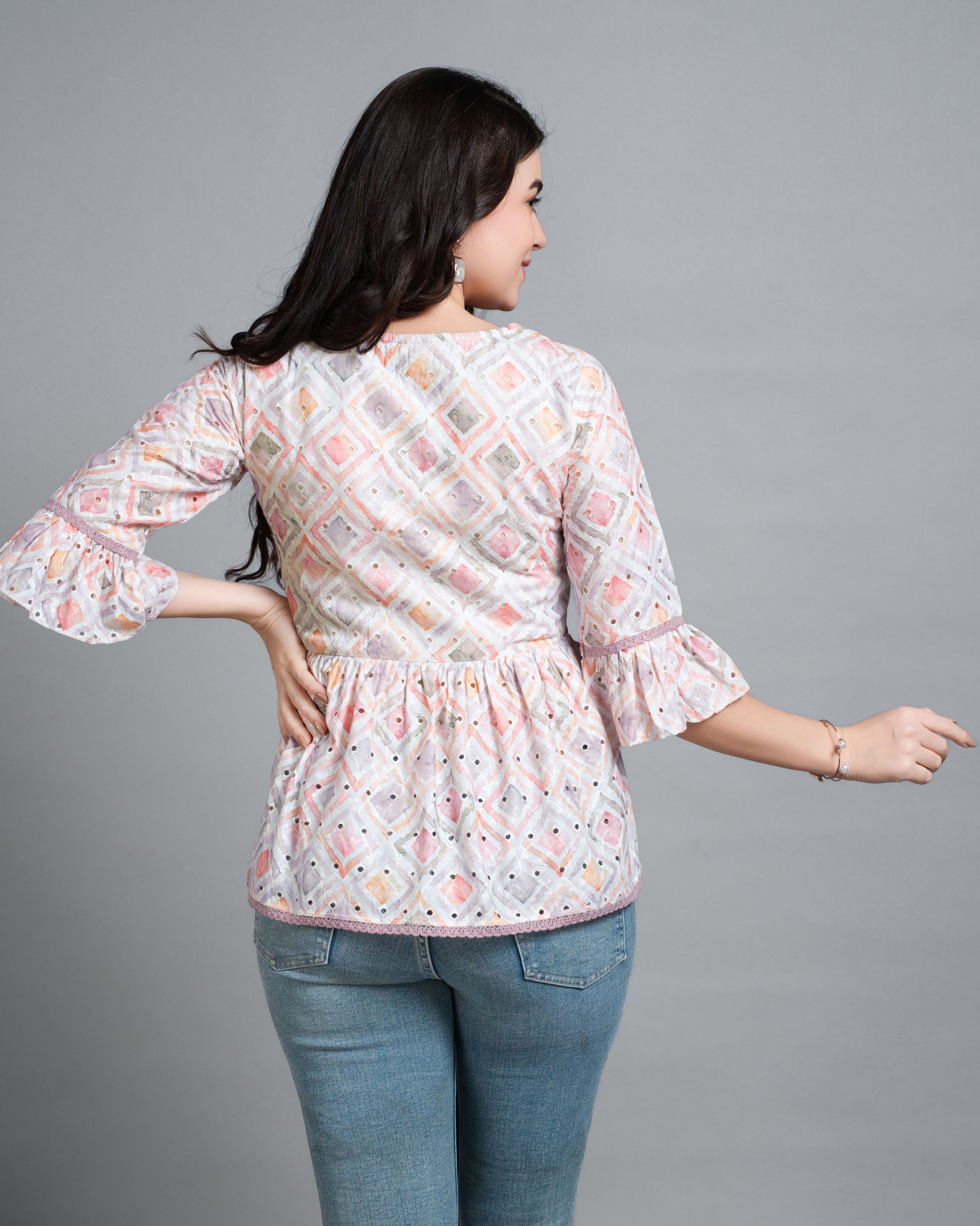 Her Couture Women's Mauve Pure Cotton Blend Abstract Printed Bored Schiffli Embroidered Peplum Top