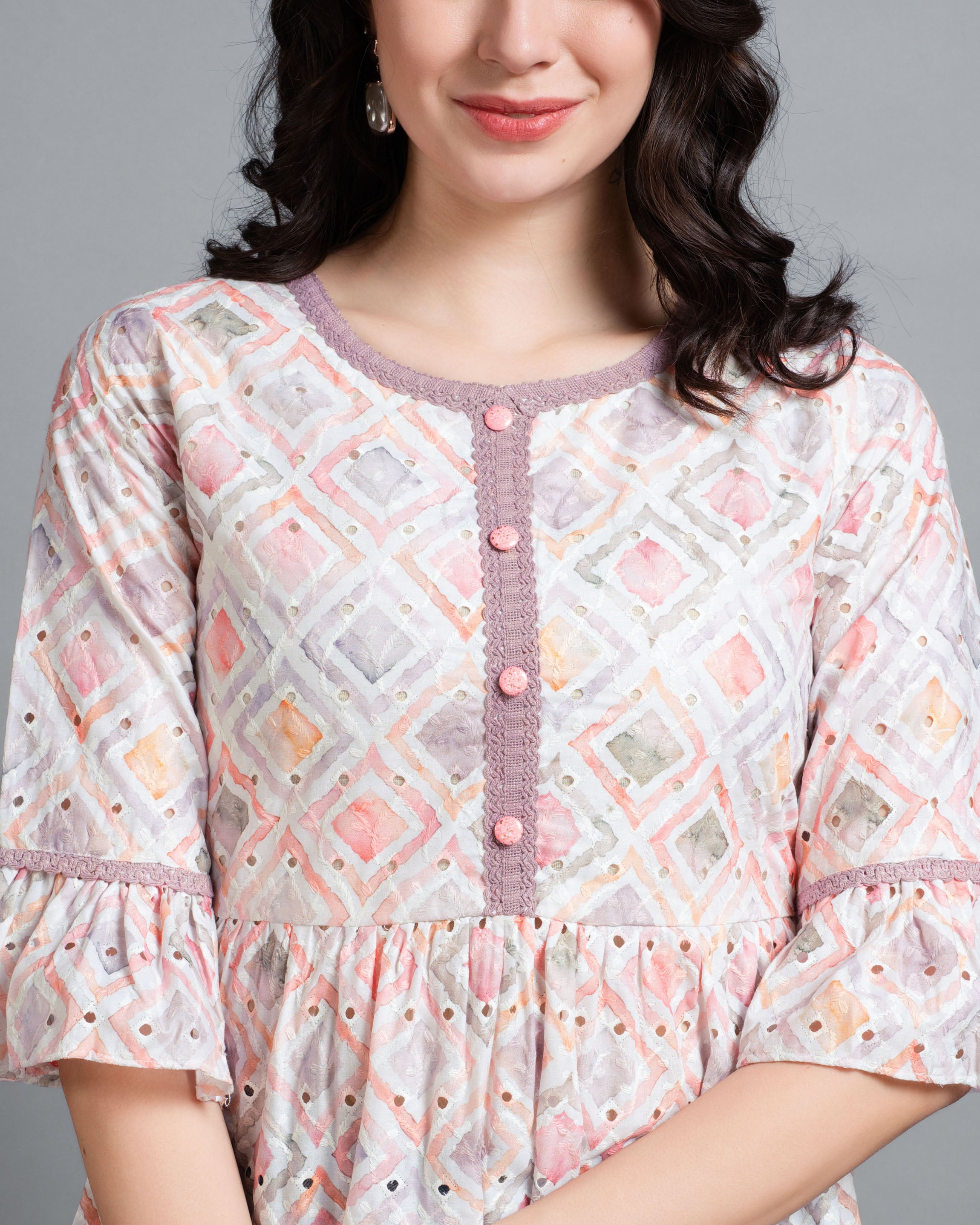 Her Couture Women's Mauve Pure Cotton Blend Abstract Printed Bored Schiffli Embroidered Peplum Top