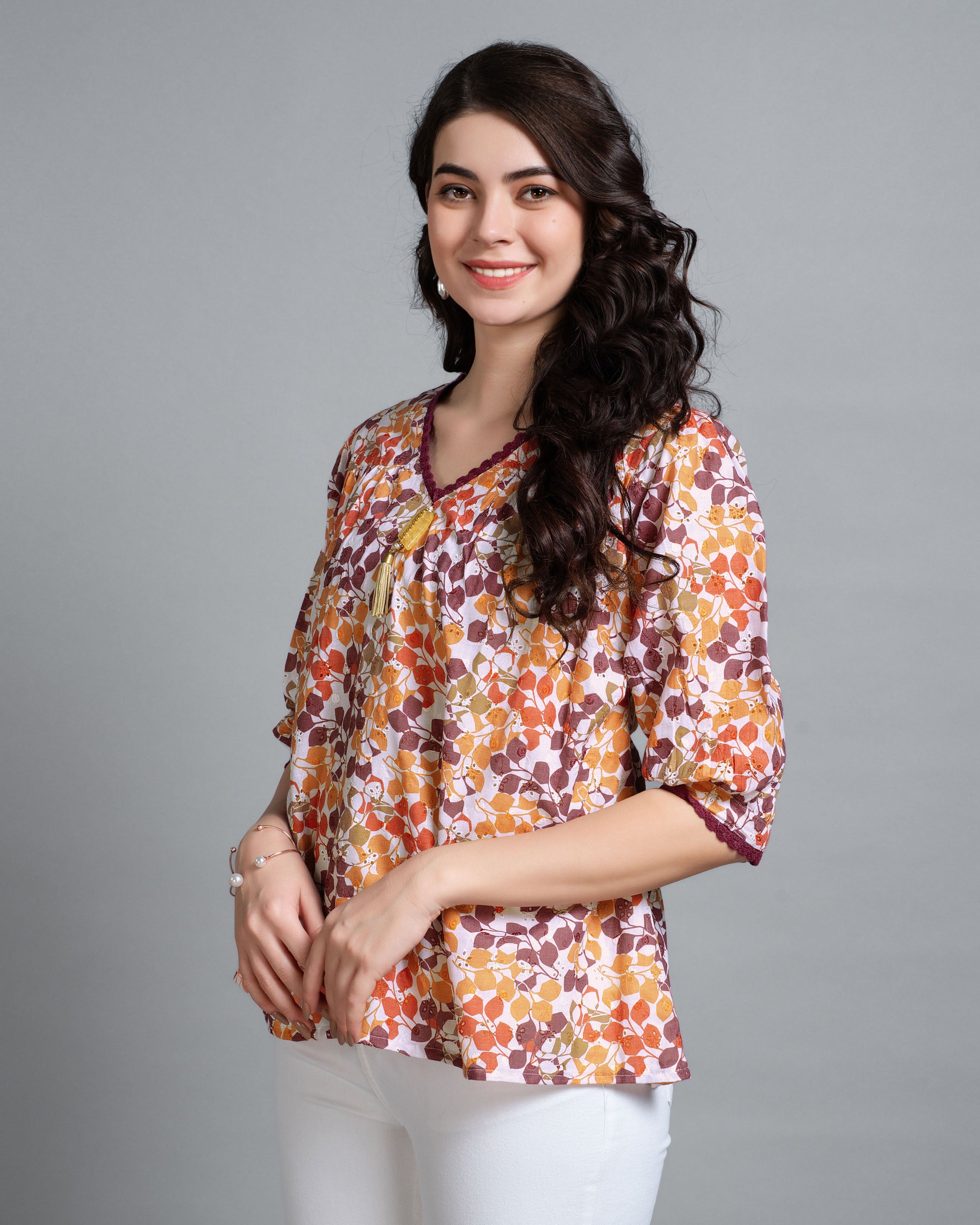 Her Couture Women's Multicolor Pure Cotton Blend Abstract Printed Bored Schiffli Embroidered A-line Top