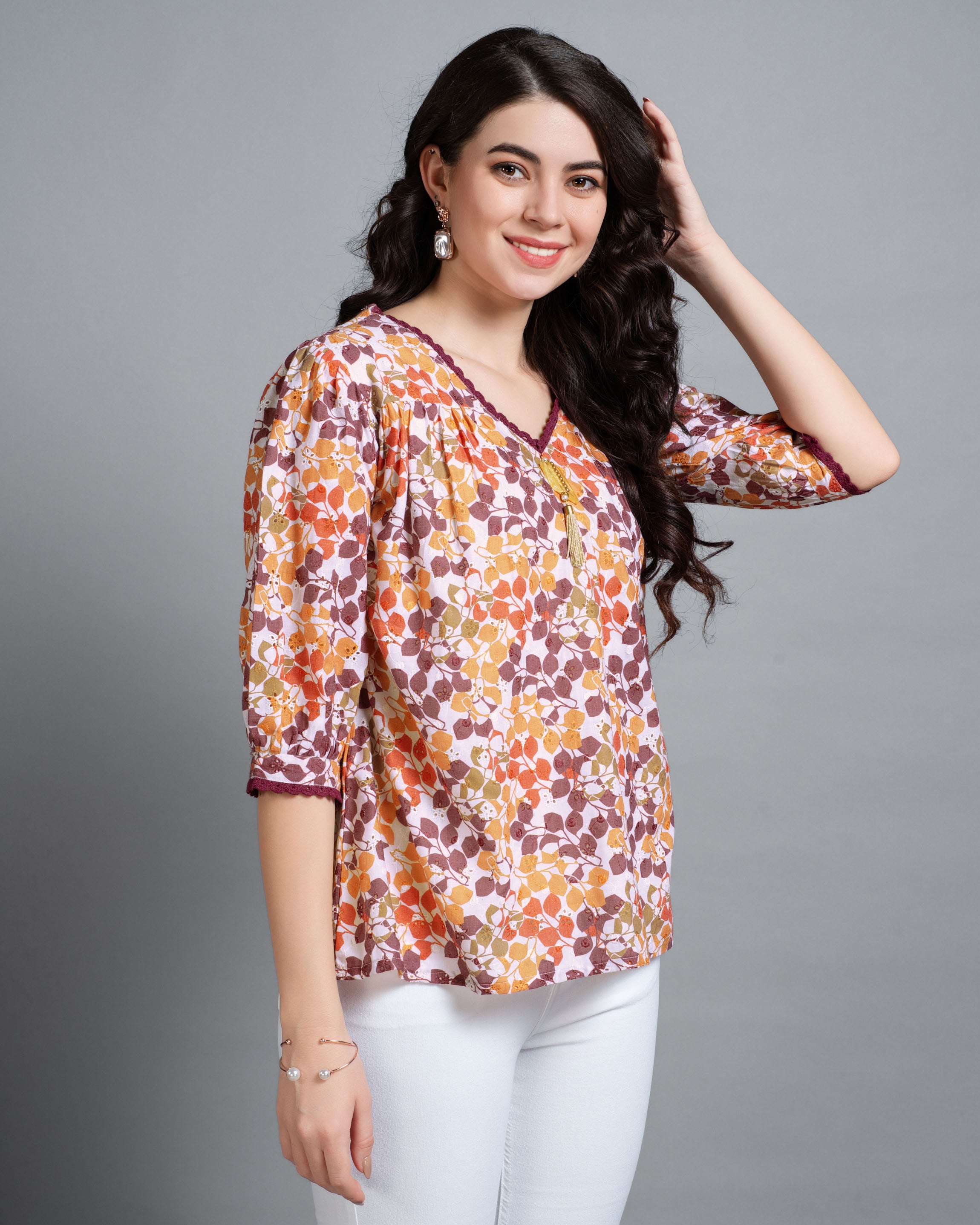 Her Couture Women's Multicolor Pure Cotton Blend Abstract Printed Bored Schiffli Embroidered A-line Top