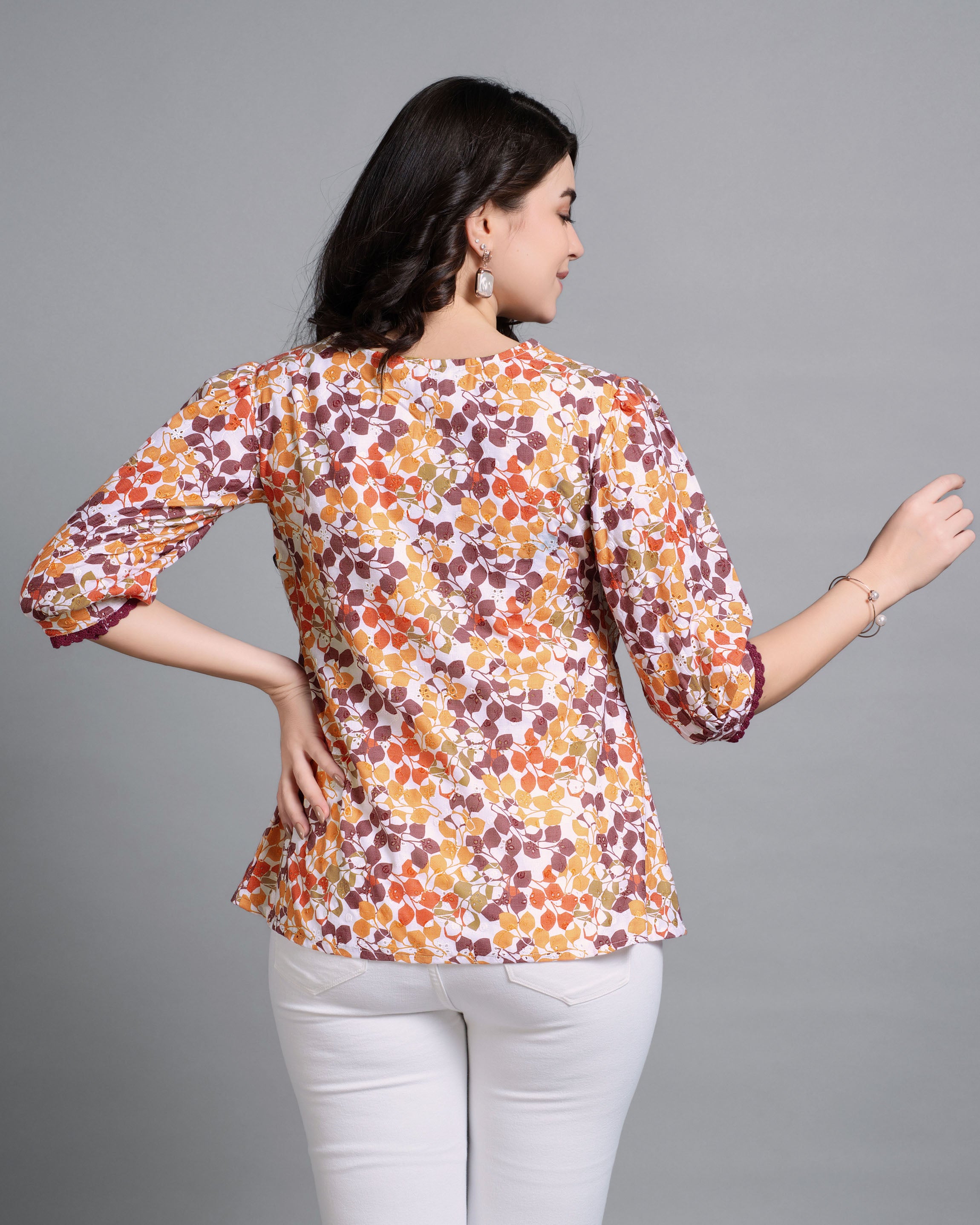 Her Couture Women's Multicolor Pure Cotton Blend Abstract Printed Bored Schiffli Embroidered A-line Top