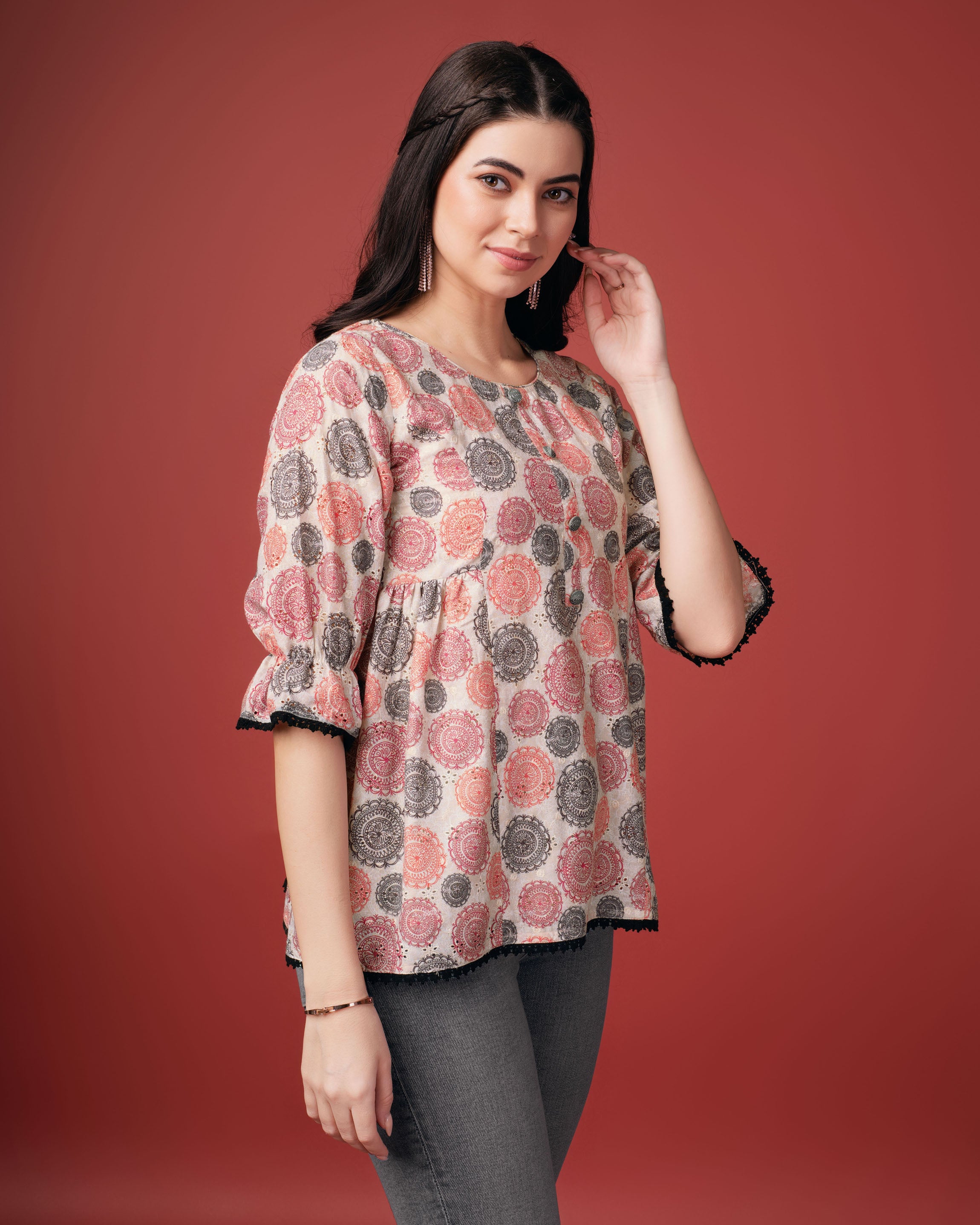 Her Couture Women's Beige Pure Cotton Blend Geometric Printed Bored Schiffli Embroidered A-line Top